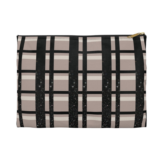 Plaid Luxe Accessory Pouch – Taupe, Black, and Glitter Detail in a Chic Grid