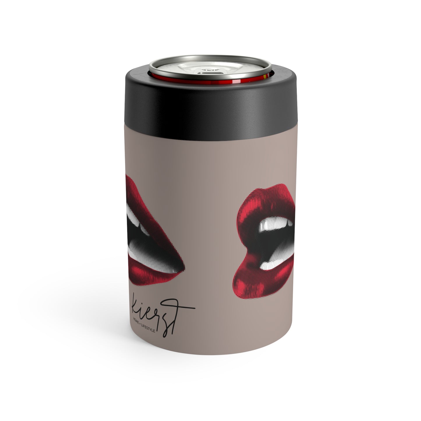 Vintage Red Lips on Taupe Can Holder – Taupe with Vintage Red Lipstick Print