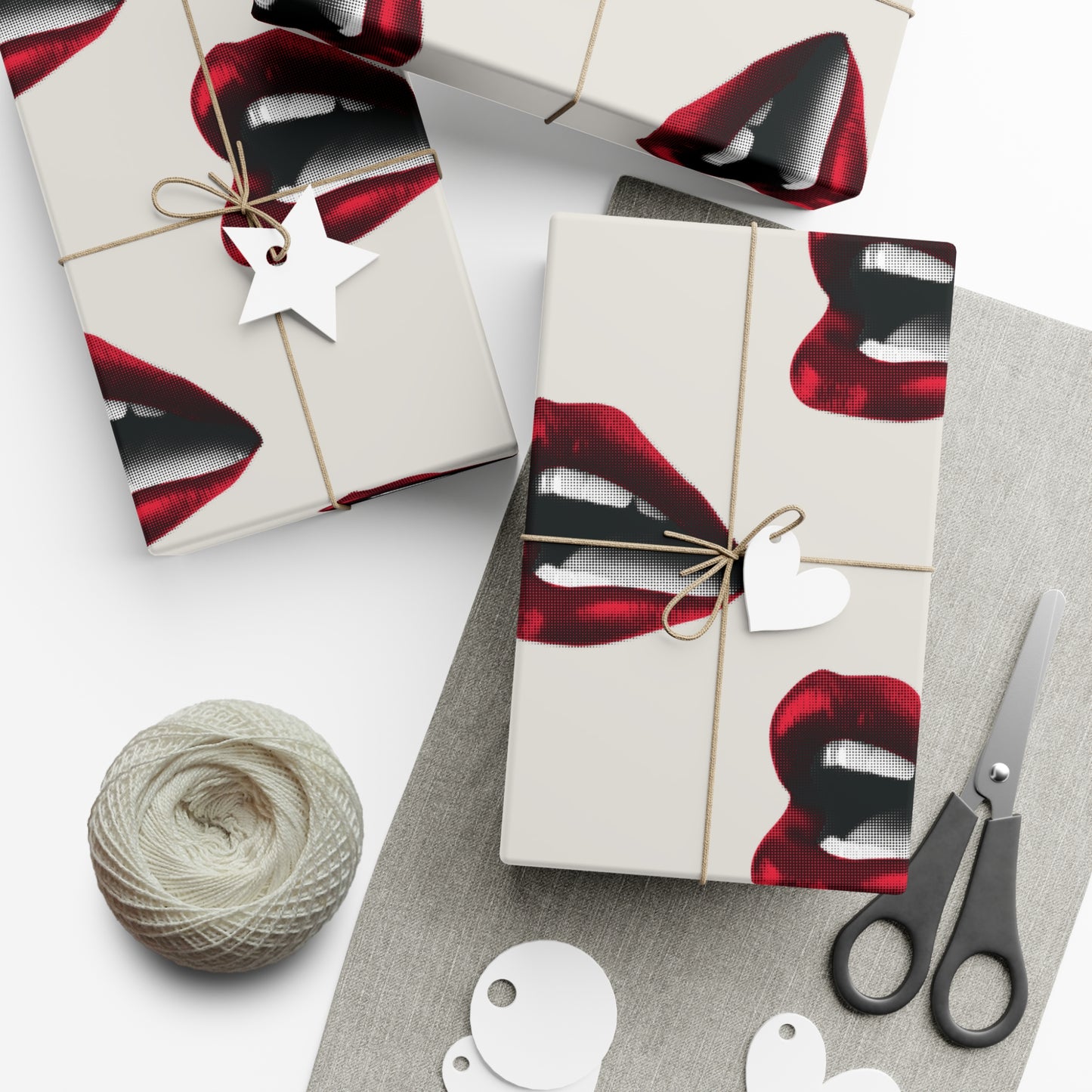 Vintage Red Lips Gift Wrapping Paper – Glossy Pop Art Mouths on Bone Color