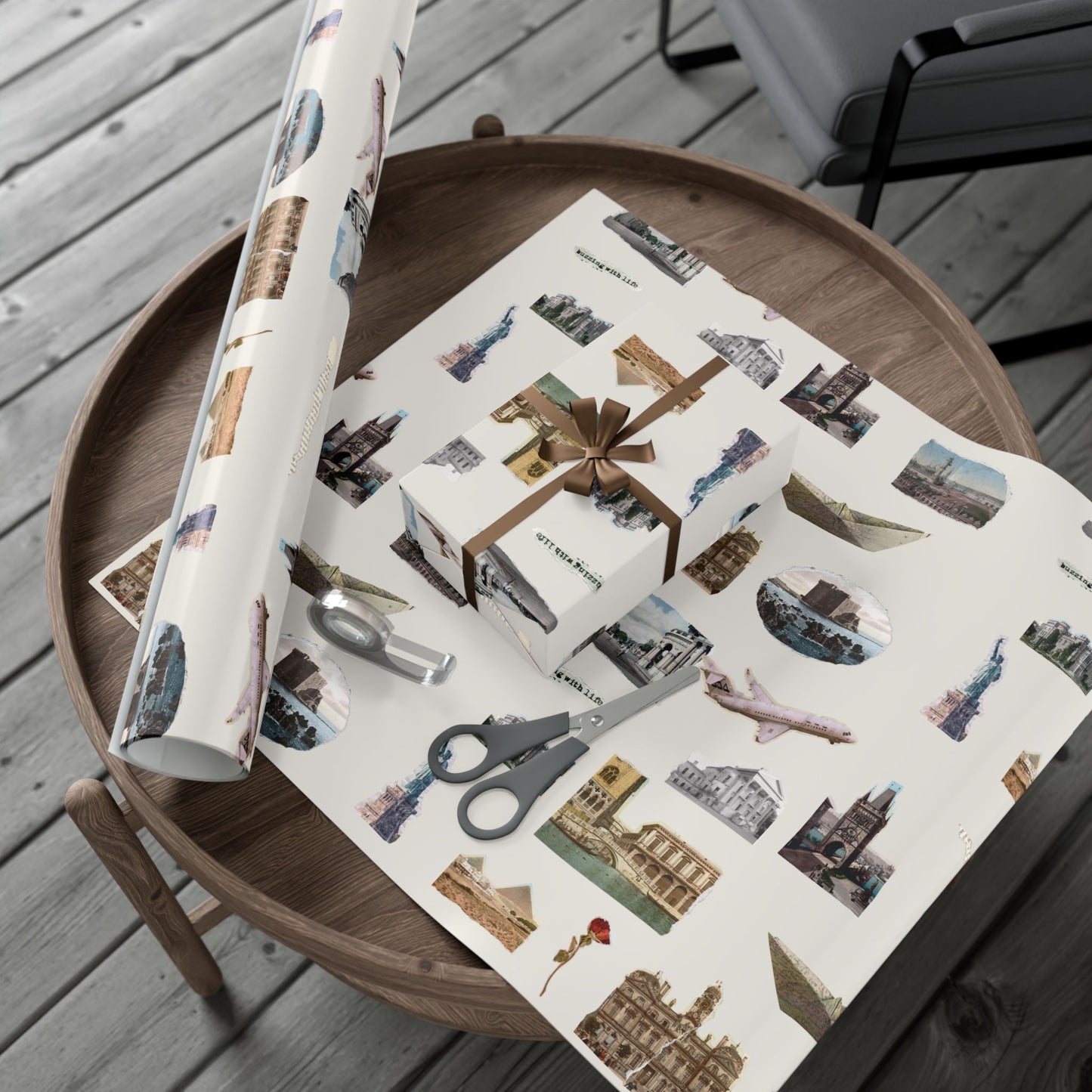 Stamped in Time Gift Wrapping Paper – Vintage Architecture & Travel Collage on Bone