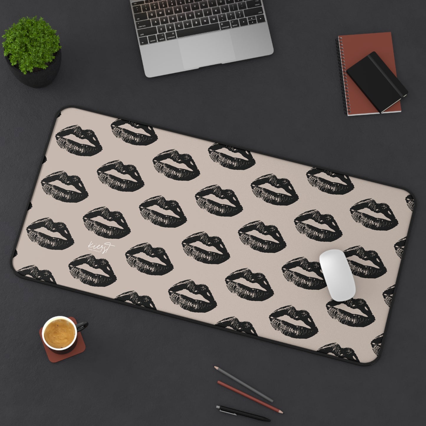 Black Lip Print Desk Mat – Oat Neutral Background
