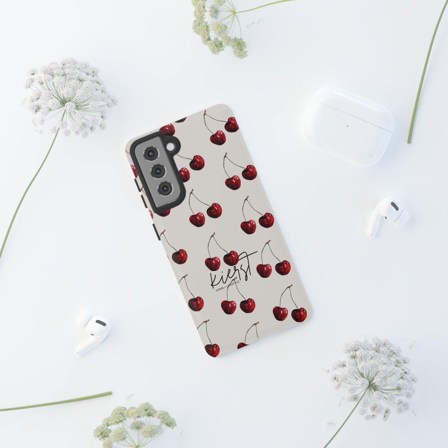 Moody Cherry Stems on White Bone Samsung Galaxy Case | Understated Luxury With A Playful Bite