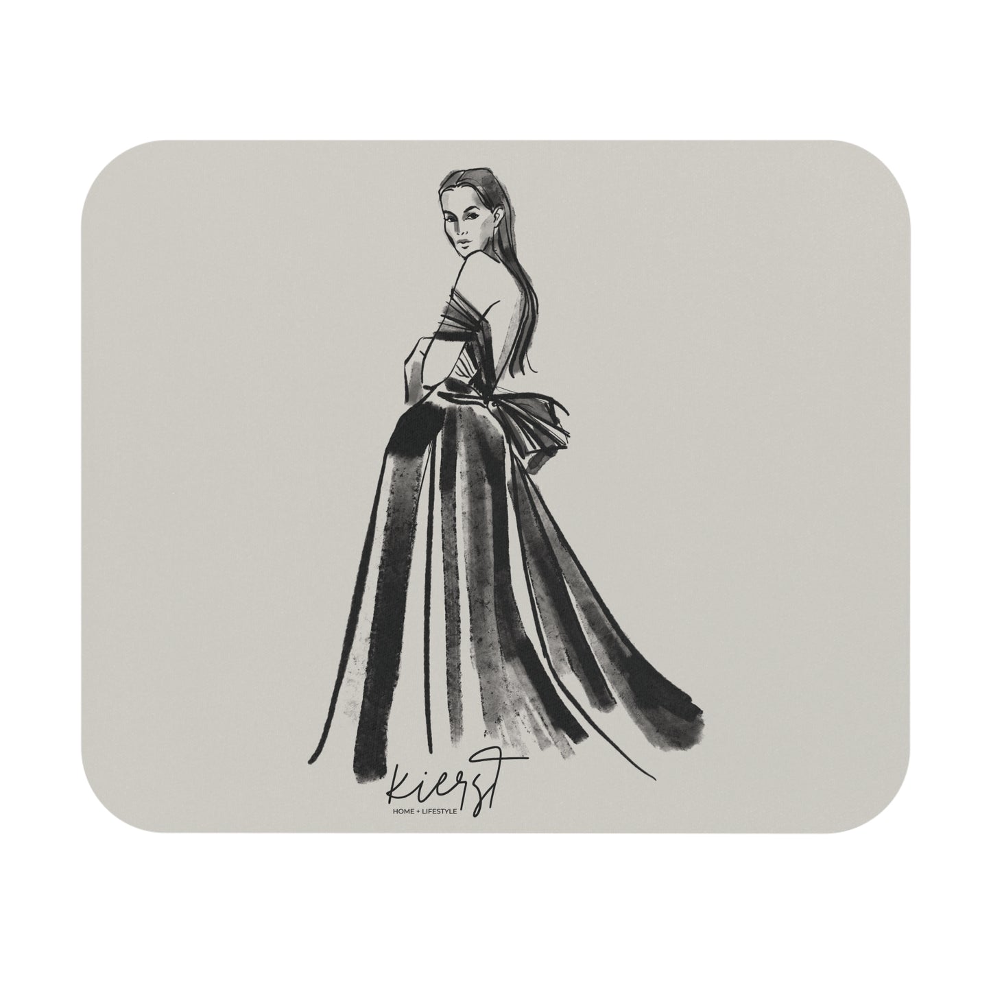 Elegant Evening Gown Sketch Mouse Pad – Fashion Illustration in Black on Neutral