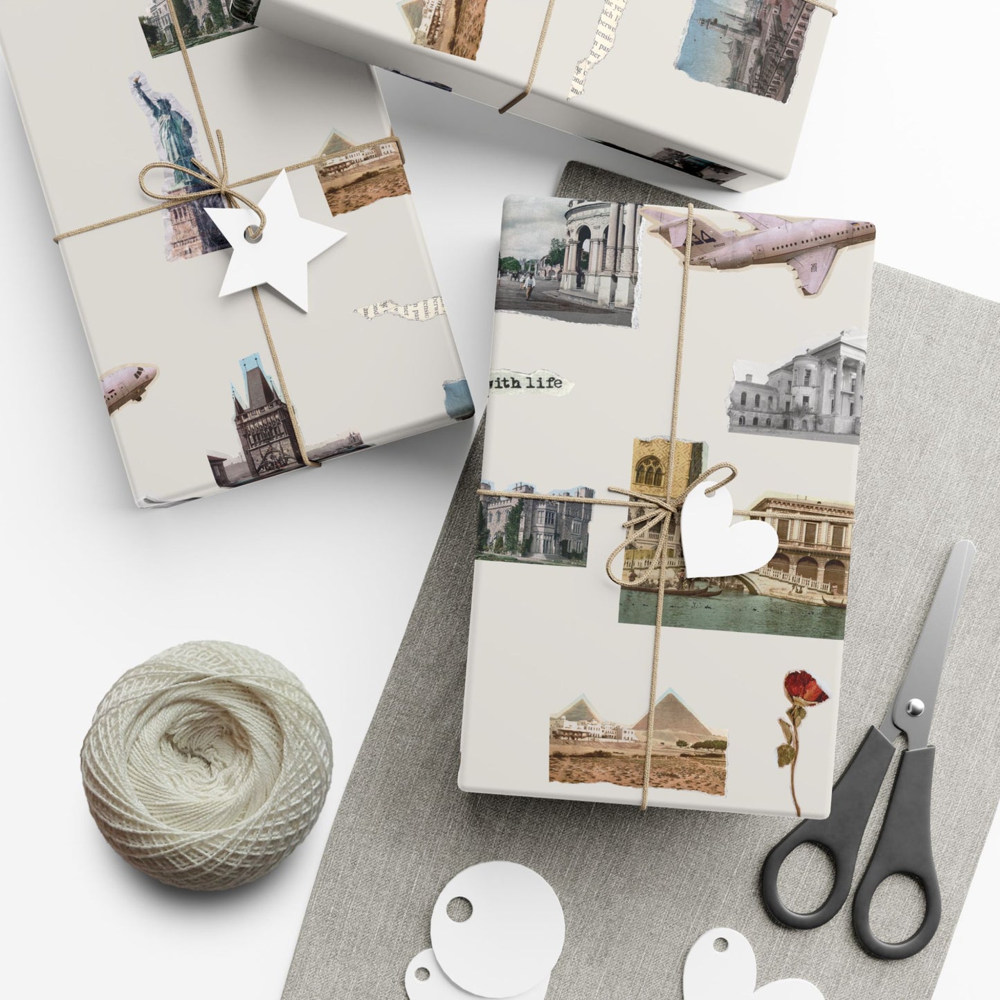 Stamped in Time Gift Wrapping Paper – Vintage Architecture & Travel Collage on Bone