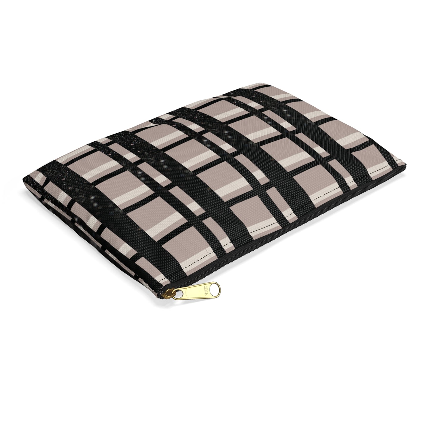 Plaid Luxe Accessory Pouch ā Taupe, Black, and Glitter Detail in a Chic Grid