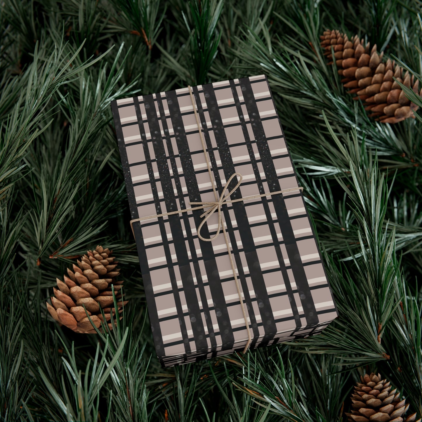 Modern Plaid Gift Wrapping Paper – Taupe, Black & Subtle Glitter Print