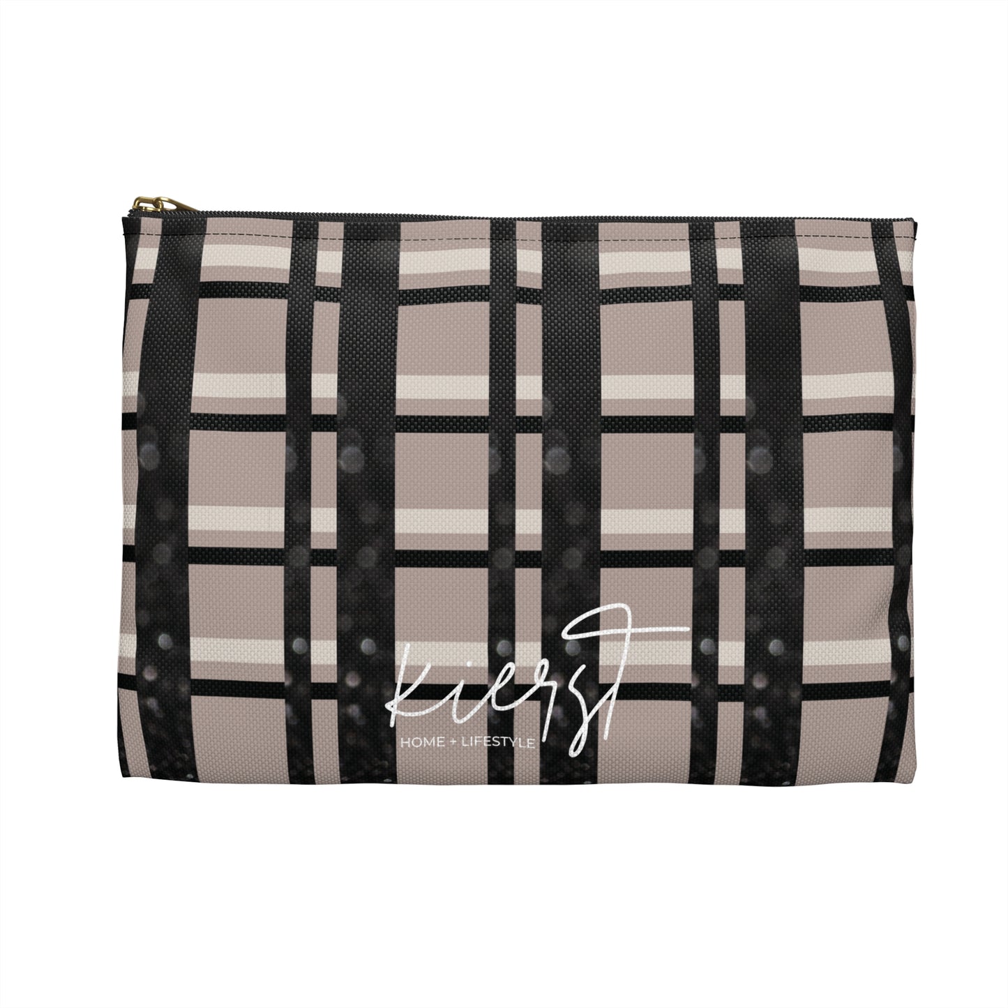 Plaid Luxe Accessory Pouch ā Taupe, Black, and Glitter Detail in a Chic Grid