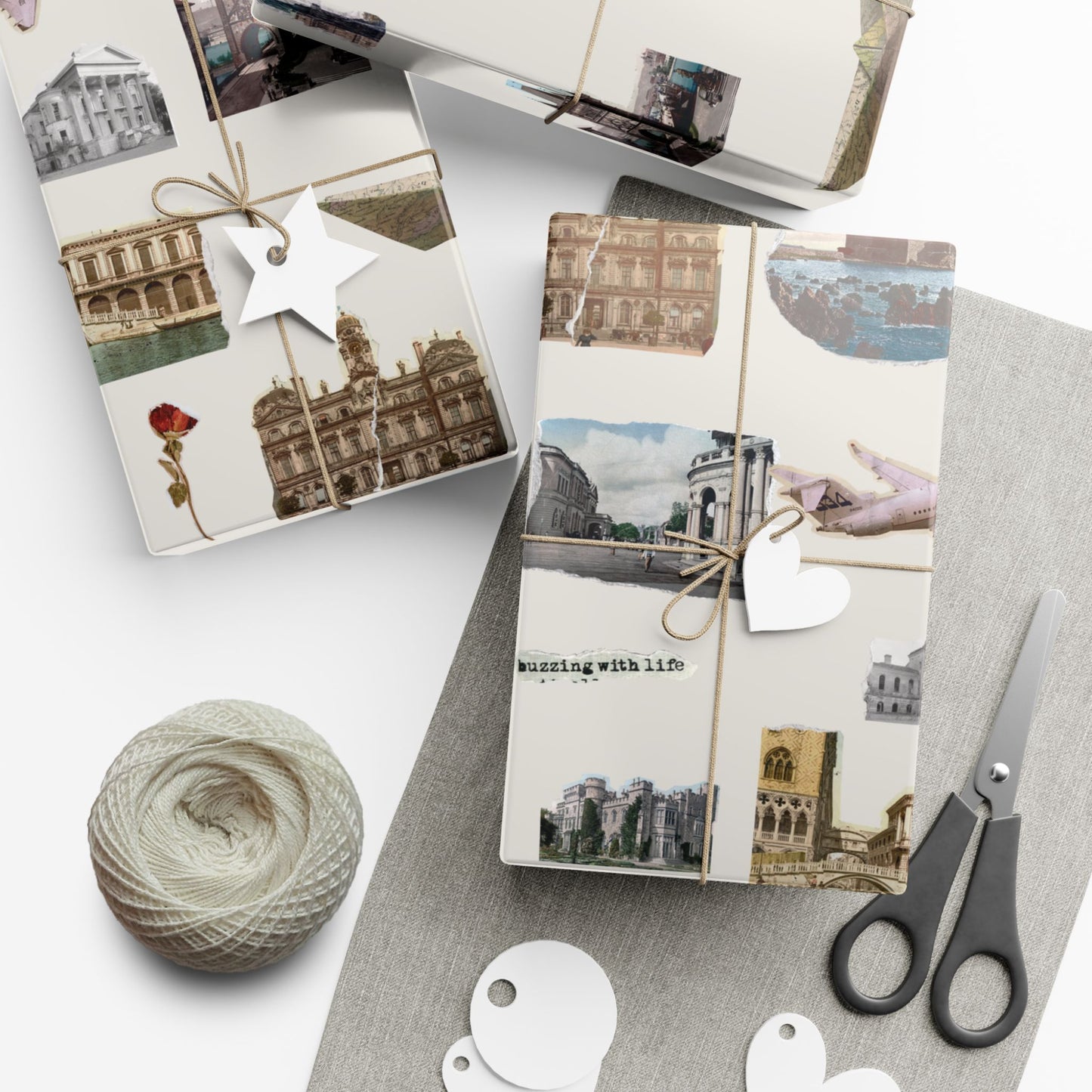Stamped in Time Gift Wrapping Paper – Vintage Architecture & Travel Collage on Bone