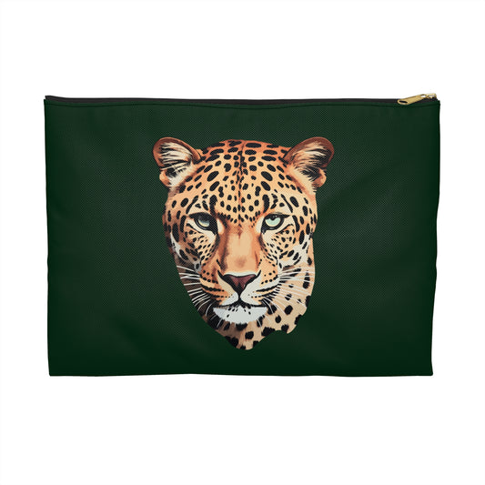 Leopard Head on Signature Midnight Pine Accessory Pouch