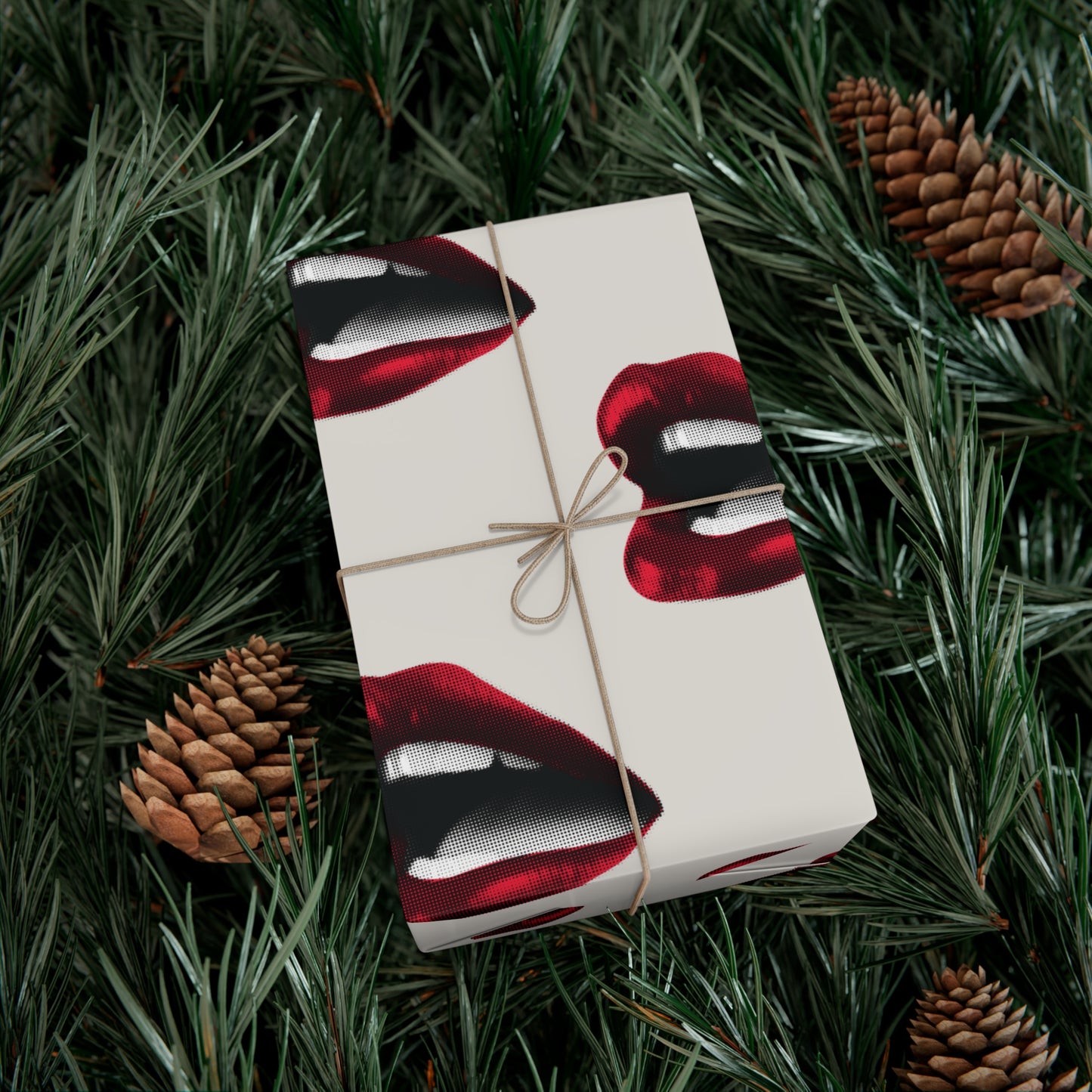Vintage Red Lips Gift Wrapping Paper – Glossy Pop Art Mouths on Bone Color