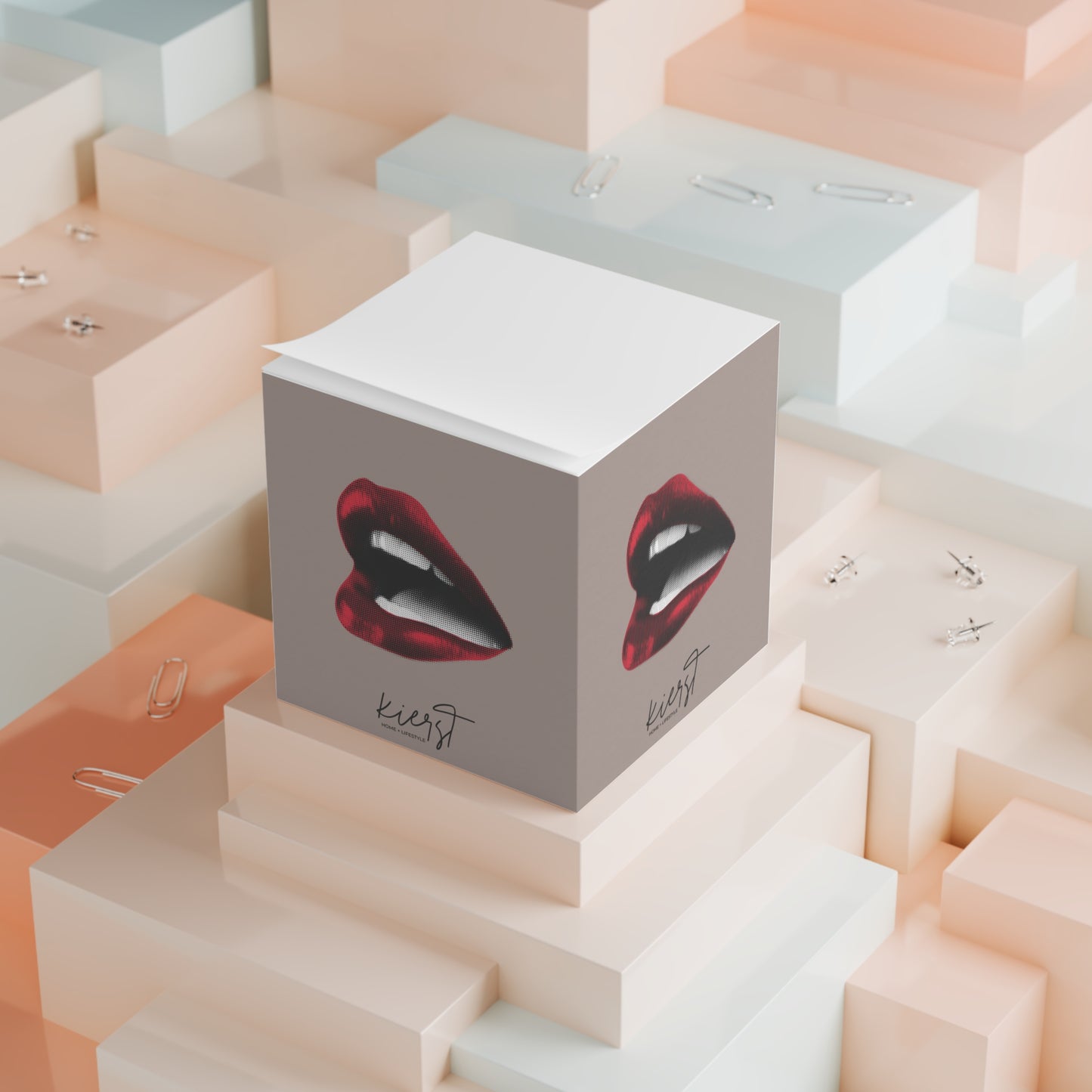 Vintage Red Lips on Taupe Note Cube | Boldly Sophisticated