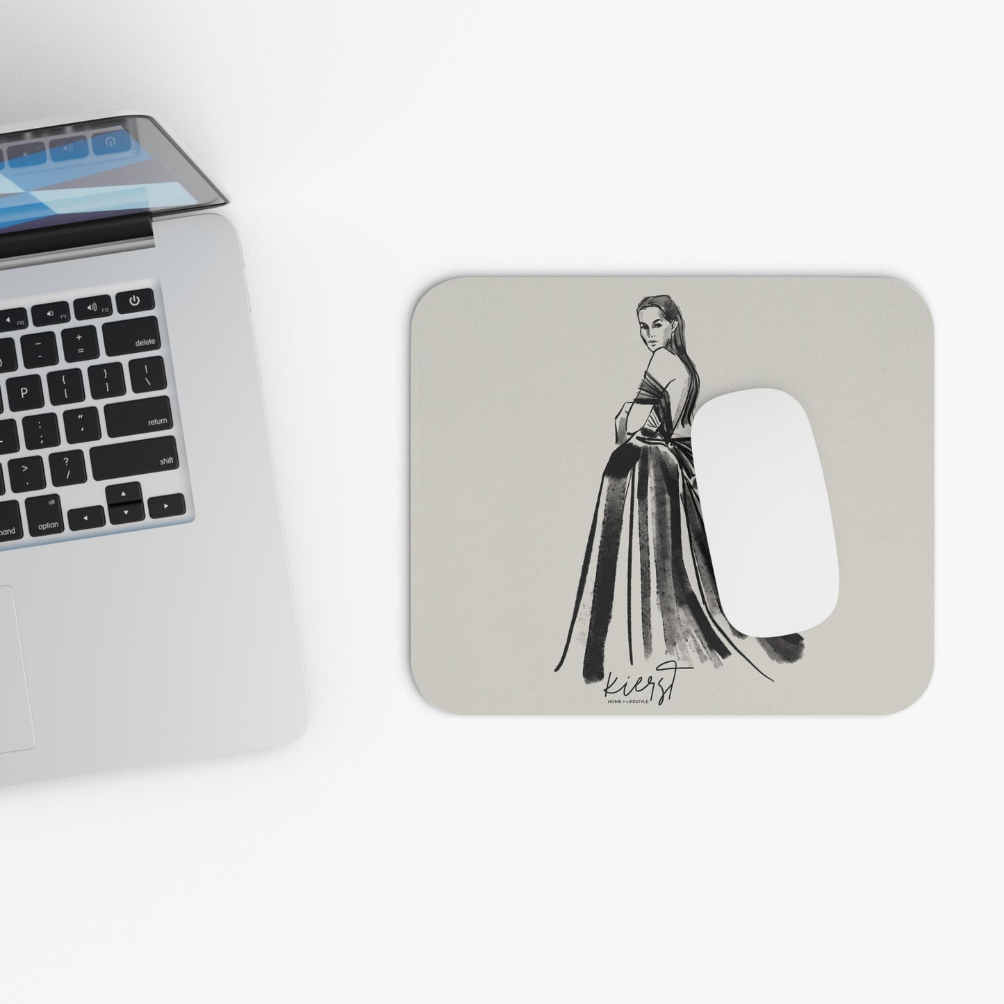 Elegant Evening Gown Sketch Mouse Pad – Fashion Illustration in Black on Neutral