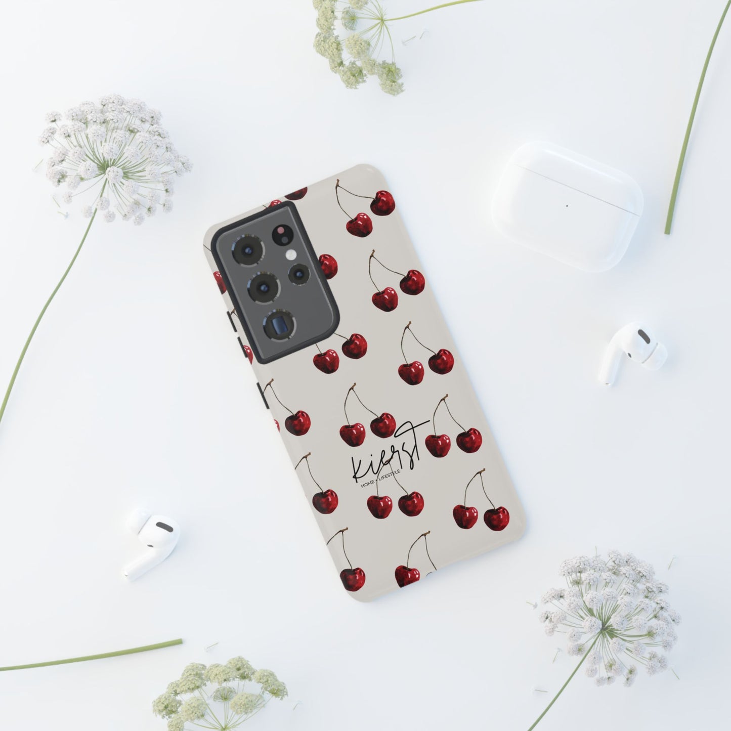 Moody Cherry Stems on White Bone Samsung Galaxy Case | Understated Luxury With A Playful Bite