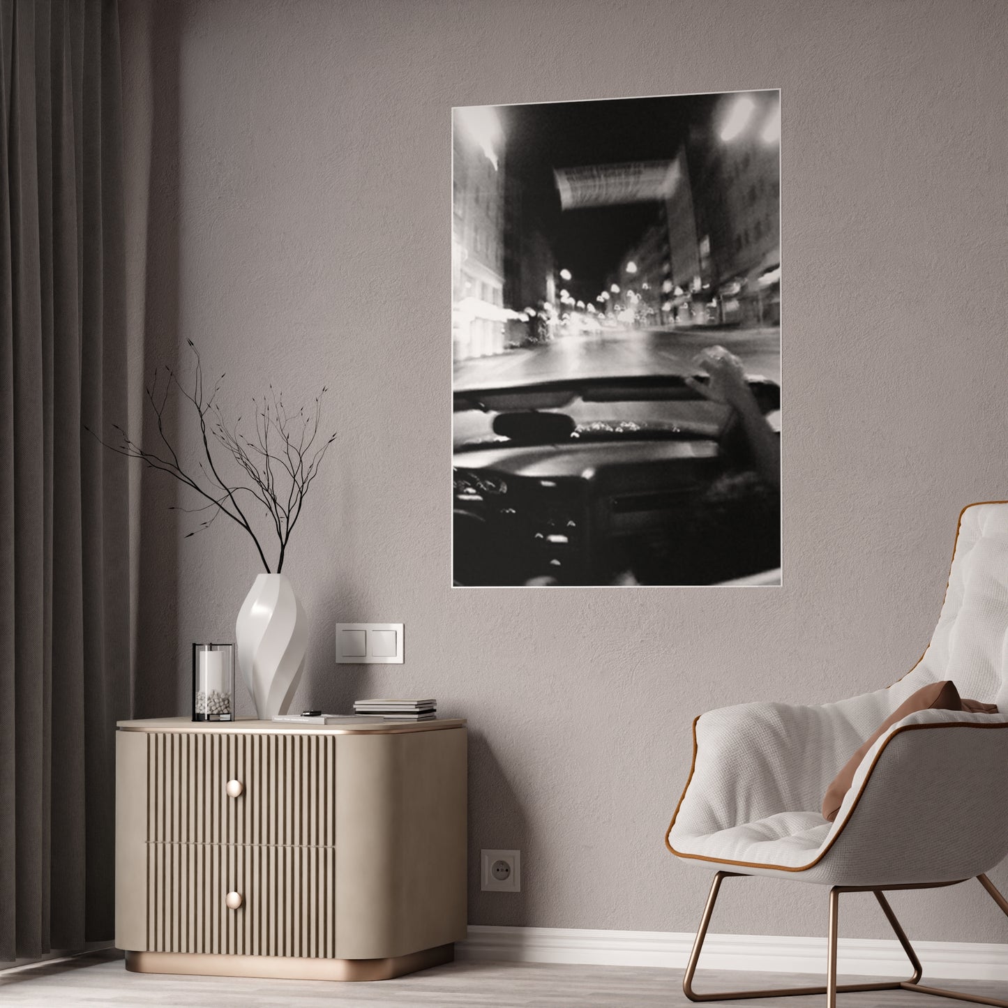 Blurry City Drive B+W Gloss Poster | Vintage Editorial Night Photography Wall Art