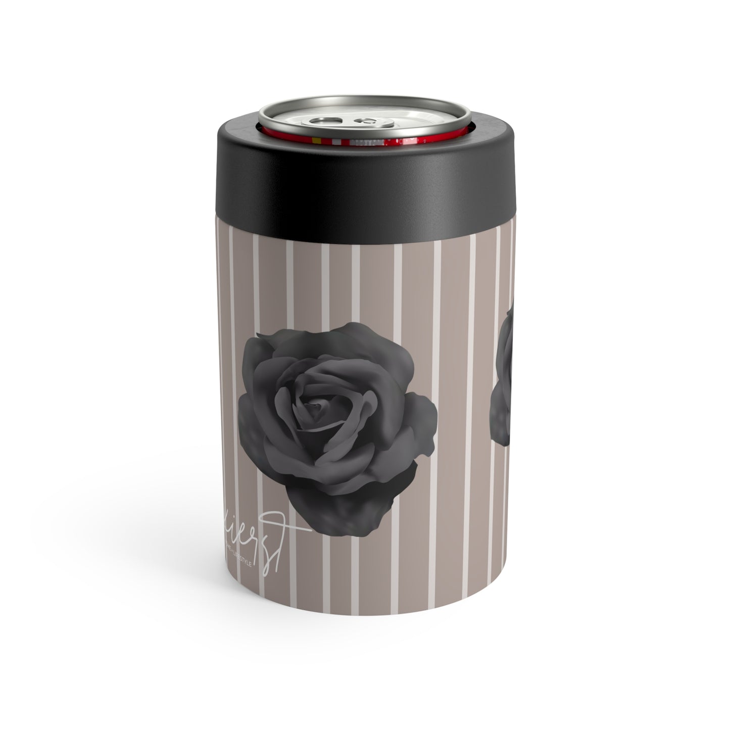 Brown with Beige Vertical Stripe and Black Rose Can Holder