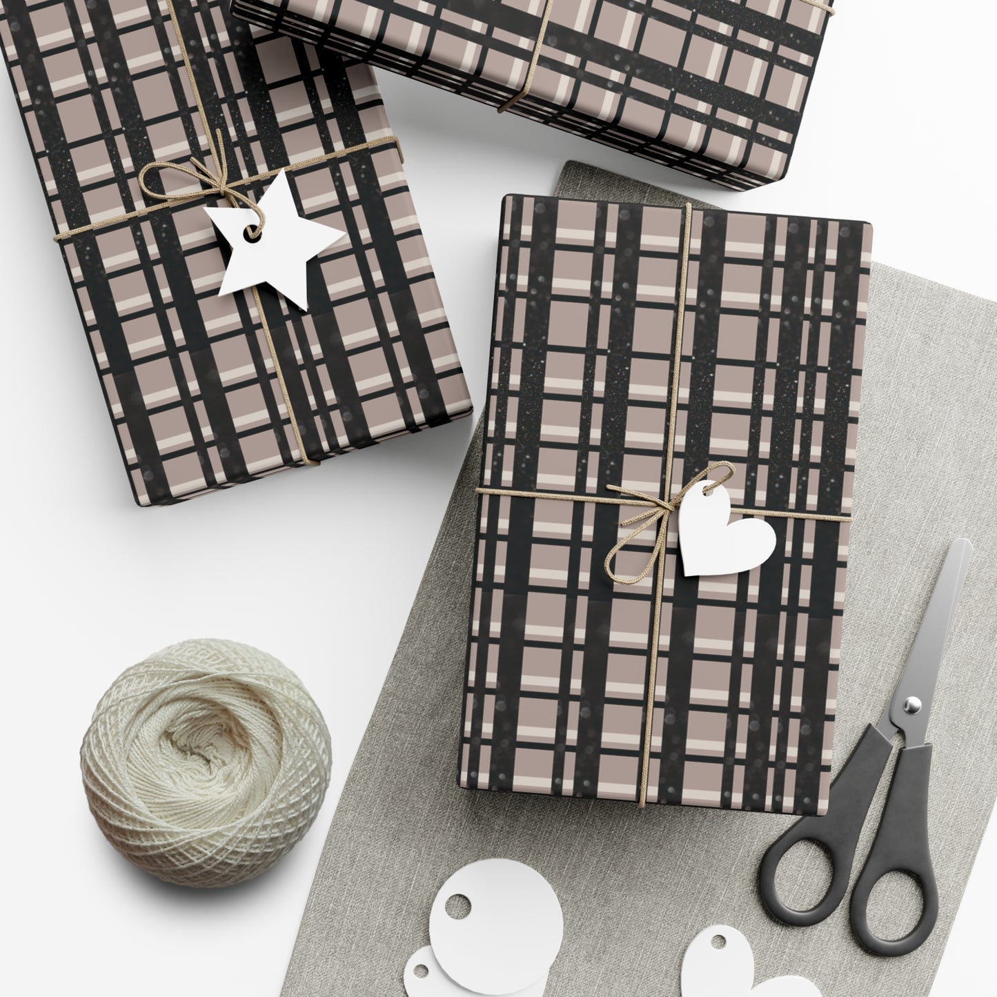 Modern Plaid Gift Wrapping Paper – Taupe, Black & Subtle Glitter Print