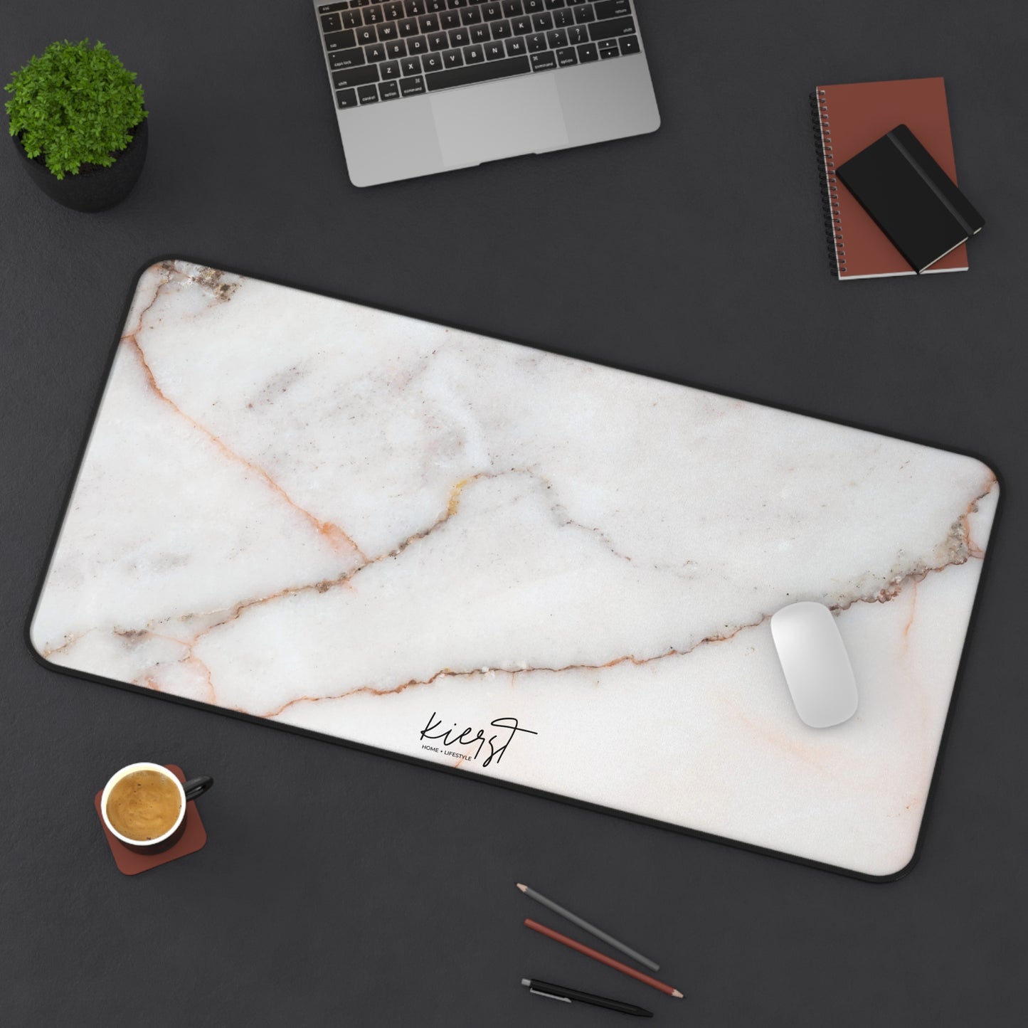 Warm White Marble Print Desk Mat | Neutral Office Decor