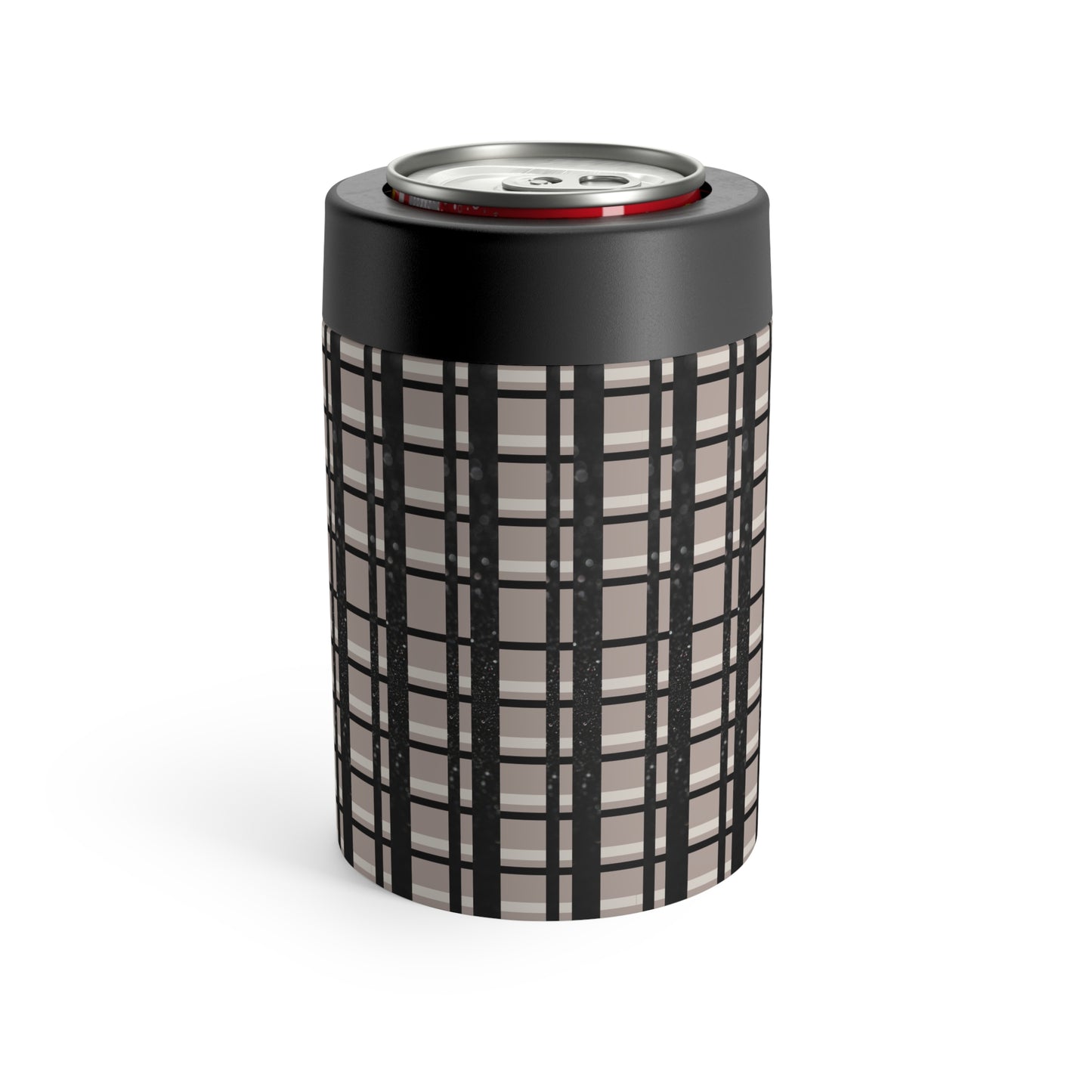 Plaid Perfection Can Holder – Tan, Black & Printed Glitter Design