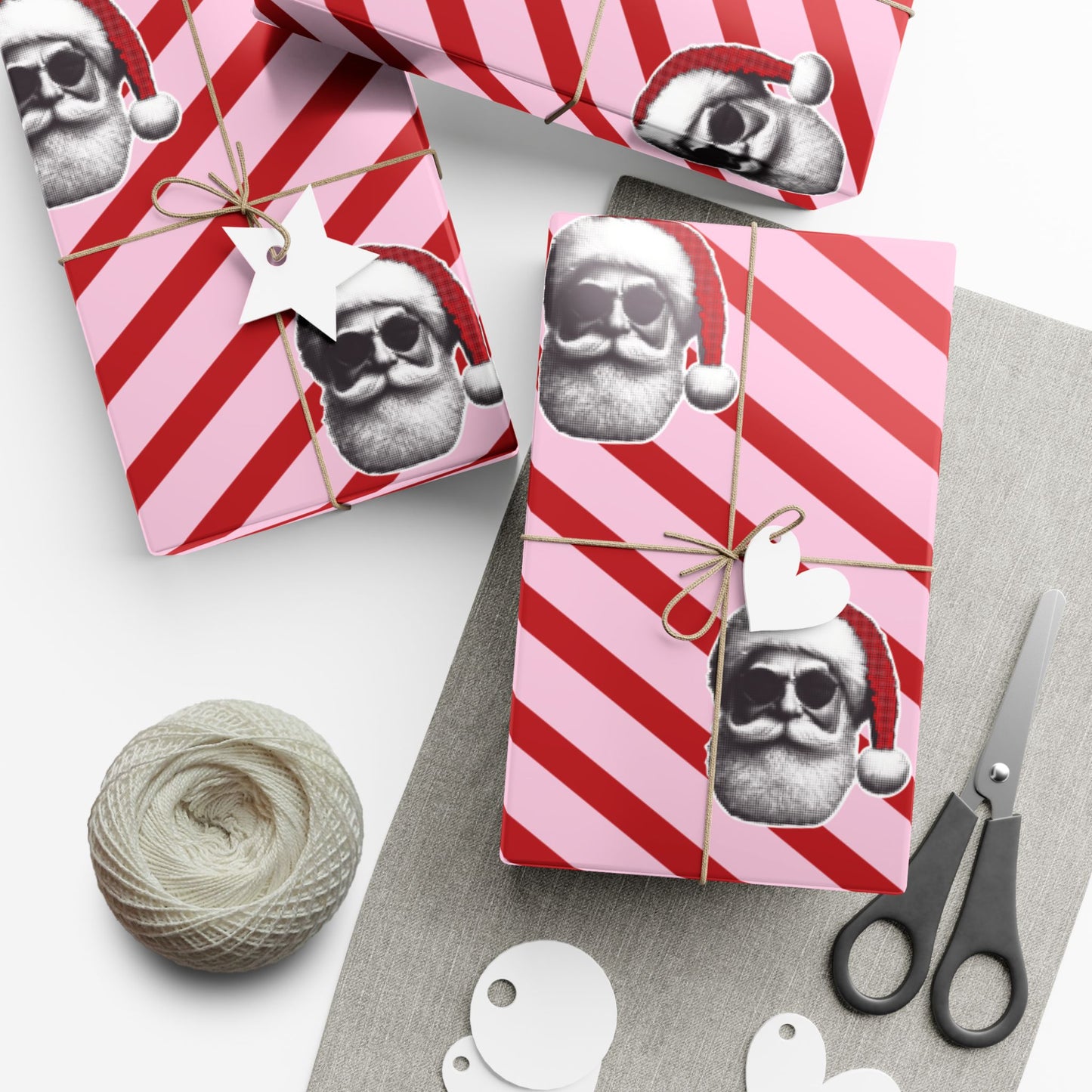 Cool Santa on Pink and Red Diagonal Striped Gift Wrapping paper