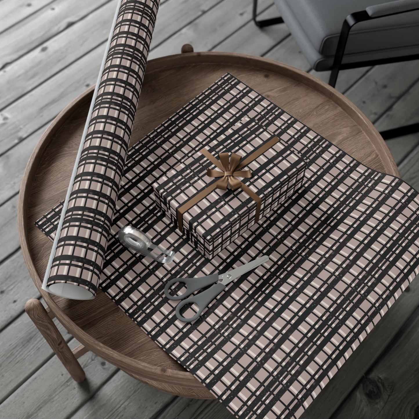 Modern Plaid Gift Wrapping Paper – Taupe, Black & Subtle Glitter Print