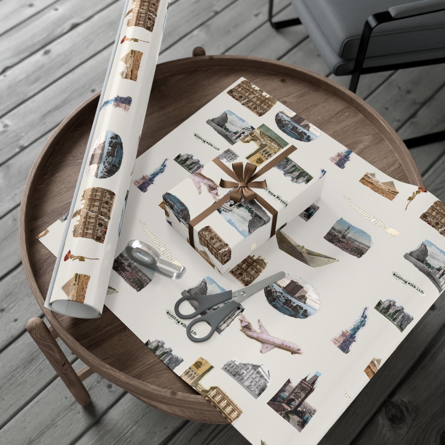 Stamped in Time Gift Wrapping Paper – Vintage Architecture & Travel Collage on Bone