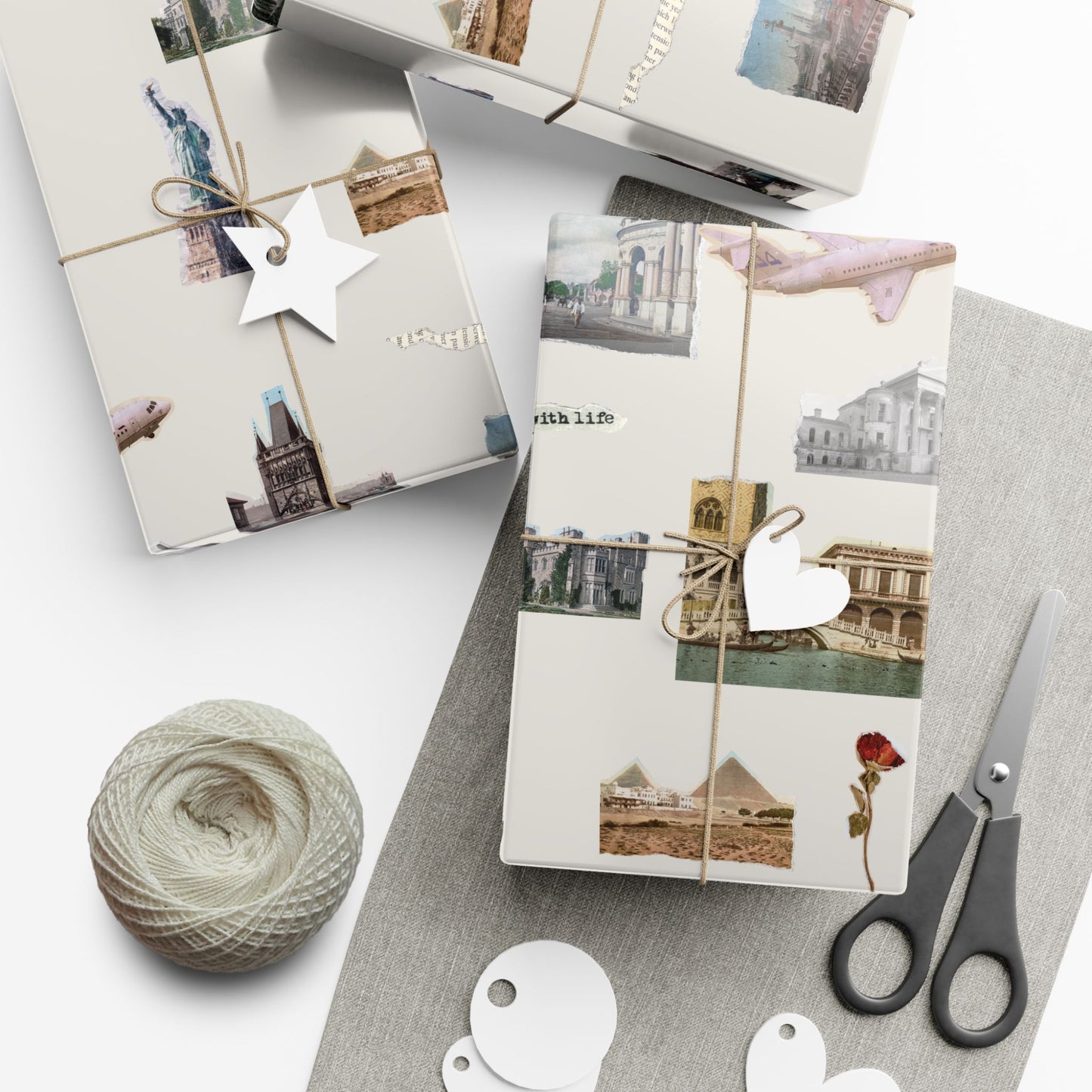 Stamped in Time Gift Wrapping Paper – Vintage Architecture & Travel Collage on Bone