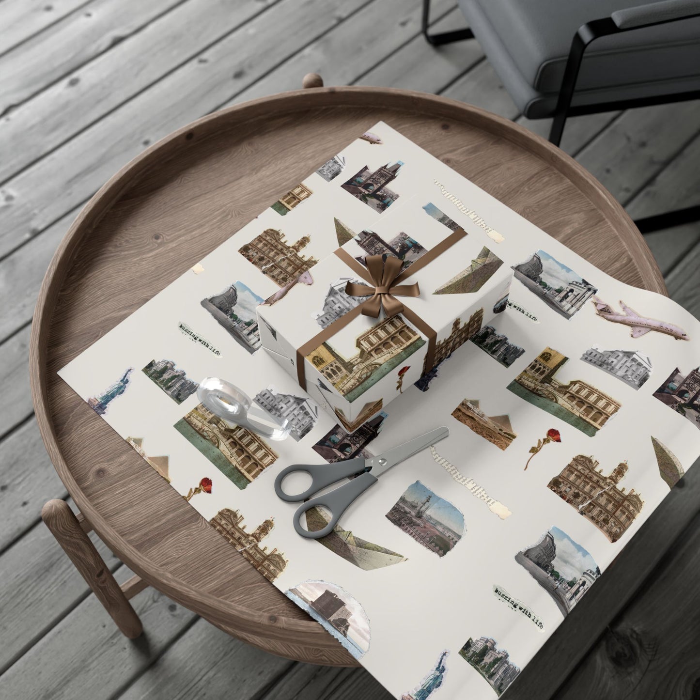Stamped in Time Gift Wrapping Paper – Vintage Architecture & Travel Collage on Bone