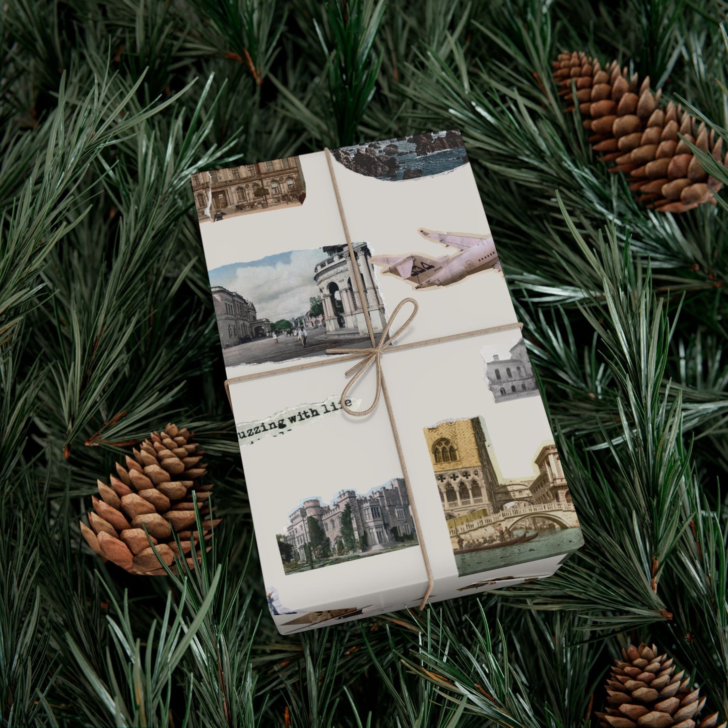 Stamped in Time Gift Wrapping Paper – Vintage Architecture & Travel Collage on Bone