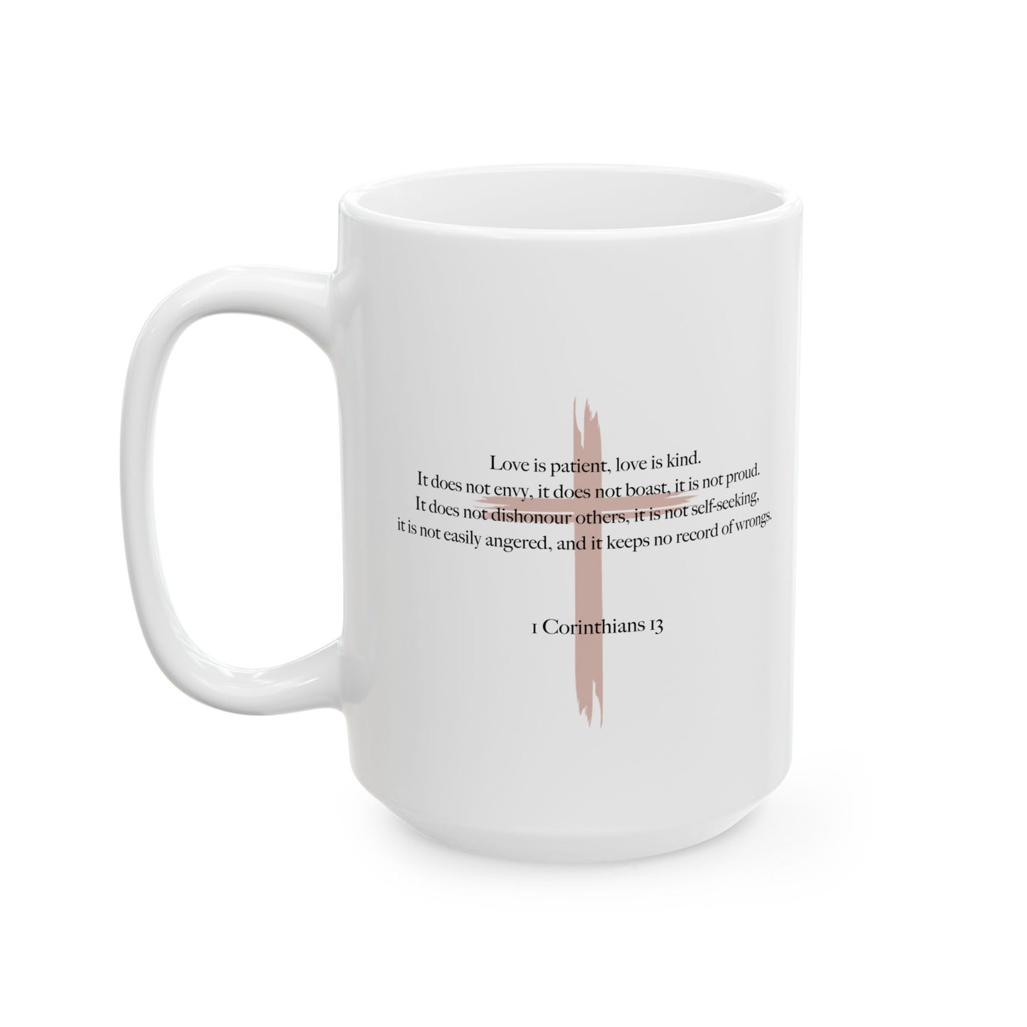 Love Is Patient Mug – Taupe Cross + Scripture