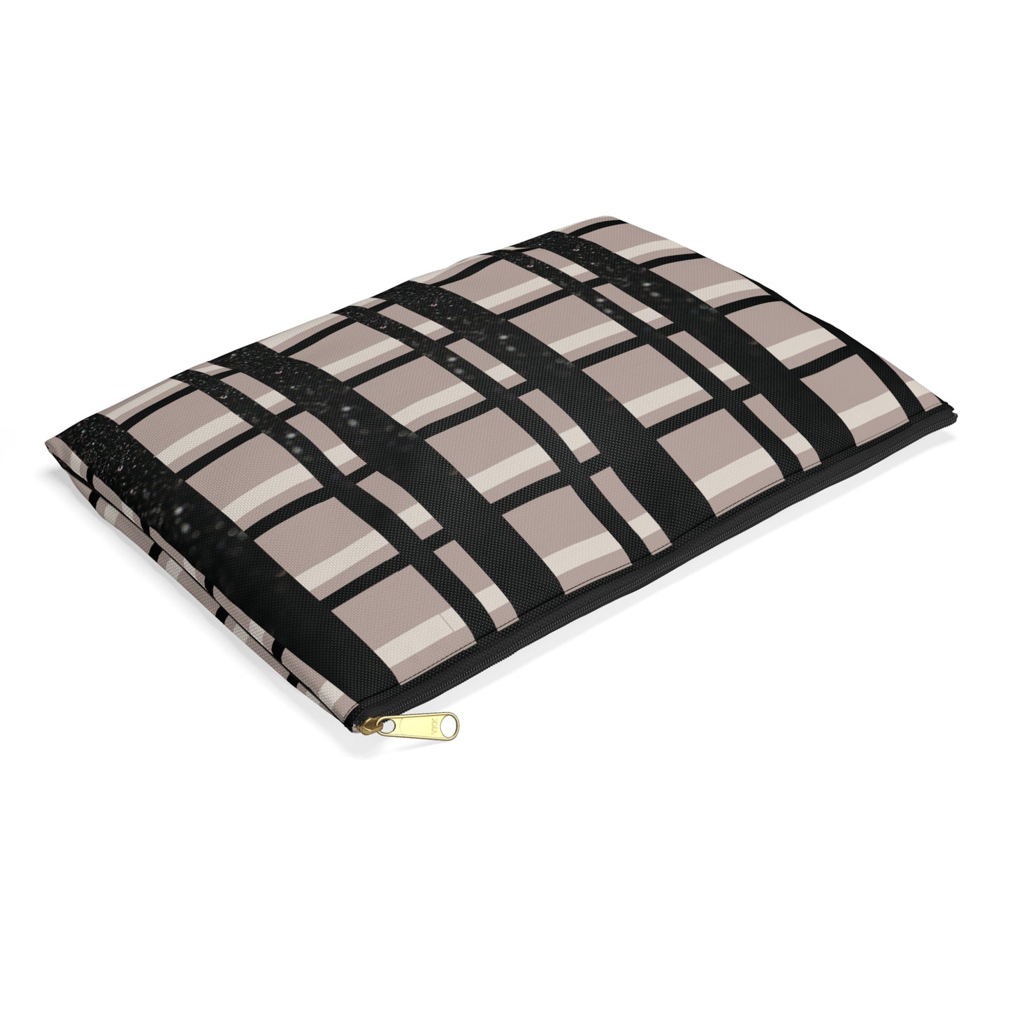 Plaid Luxe Accessory Pouch ā Taupe, Black, and Glitter Detail in a Chic Grid