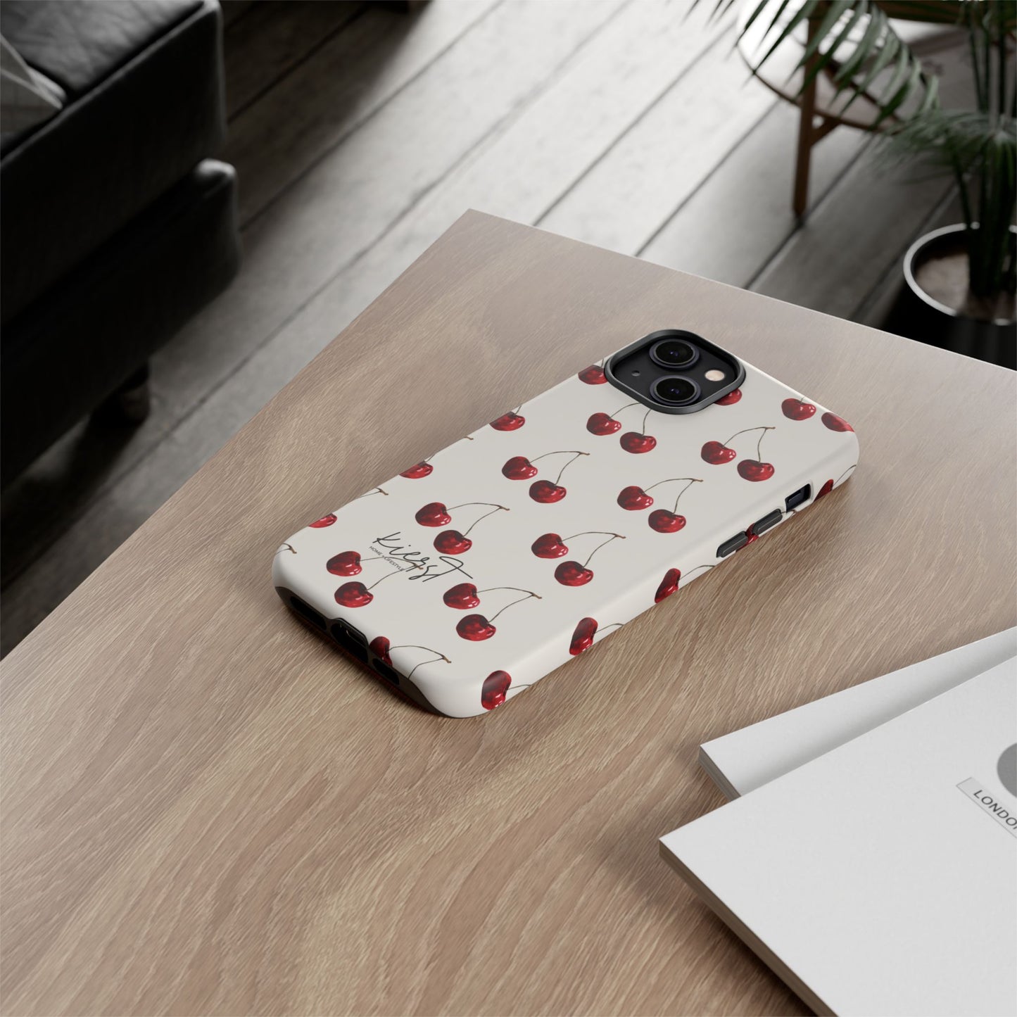 Moody Cherry Stems on White Bone iPhone Case | Timeless Contrast With A Twist of Charm