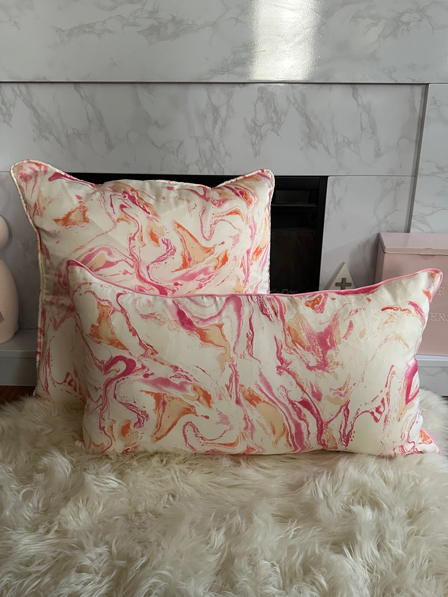 Pink and Orange Marble Throw Pillow | Whimsical Swirls, Refined Softness