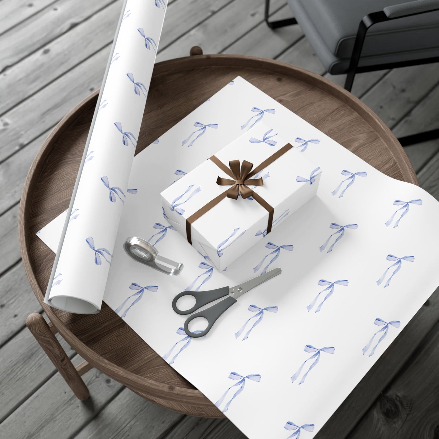 Delicate Blue Bow Gift Wrapping Paper – Hand-Painted Style Ribbon Pattern on White