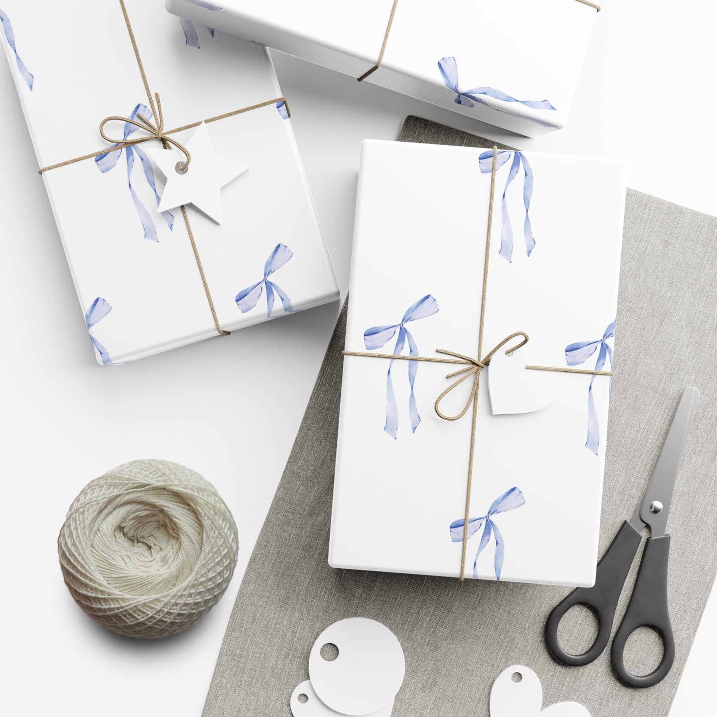 Delicate Blue Bow Gift Wrapping Paper – Hand-Painted Style Ribbon Pattern on White