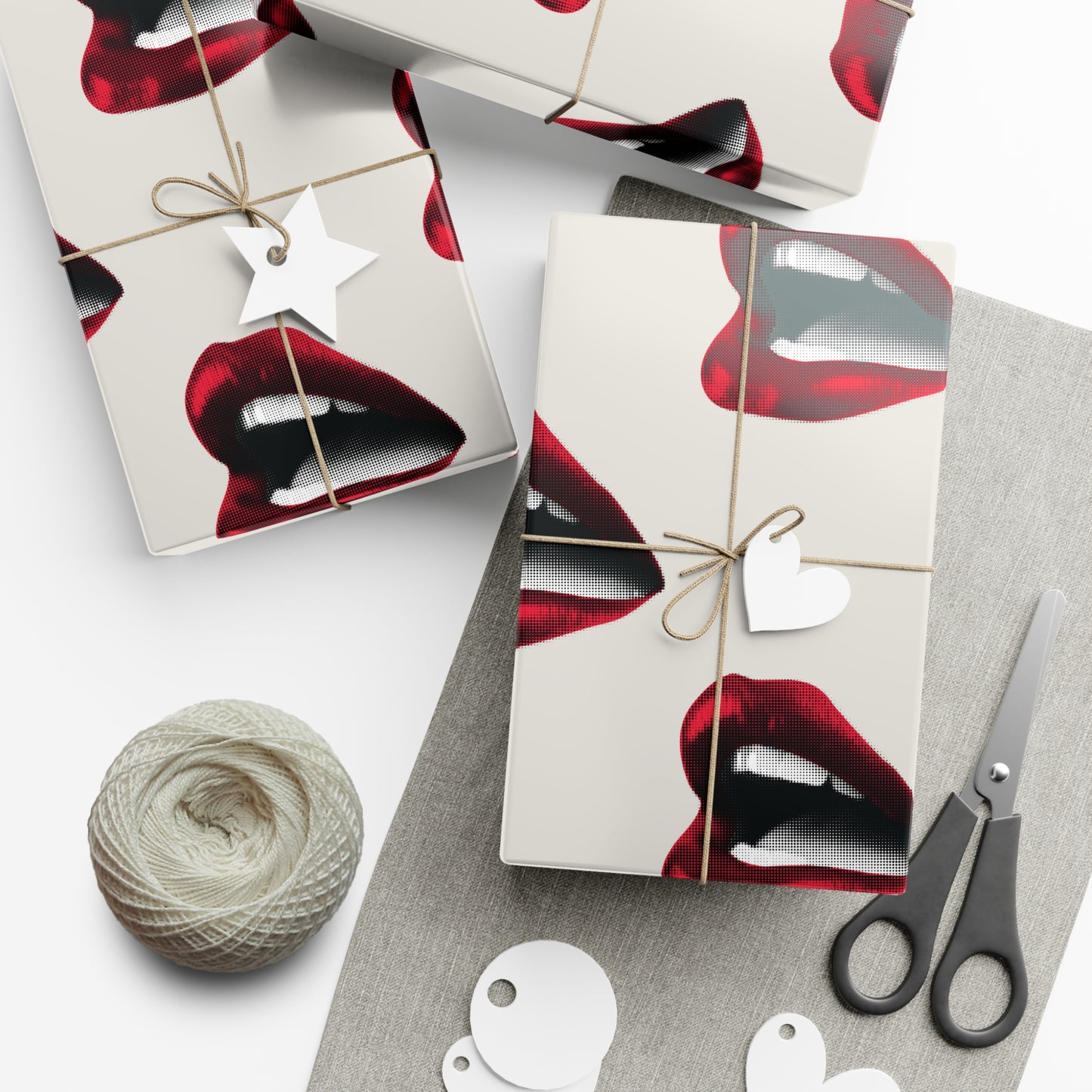 Vintage Red Lips Gift Wrapping Paper – Glossy Pop Art Mouths on Bone Color