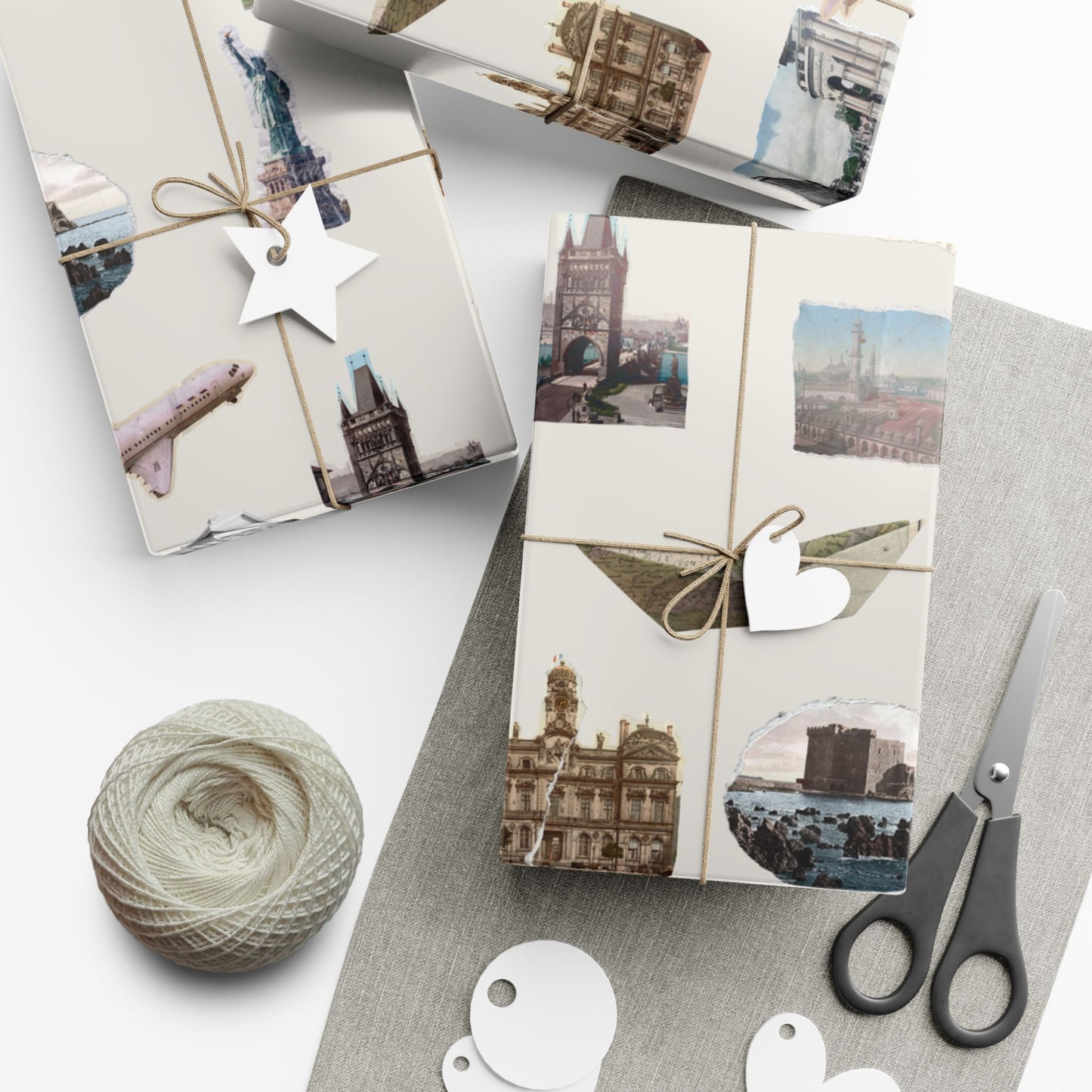 Stamped in Time Gift Wrapping Paper – Vintage Architecture & Travel Collage on Bone