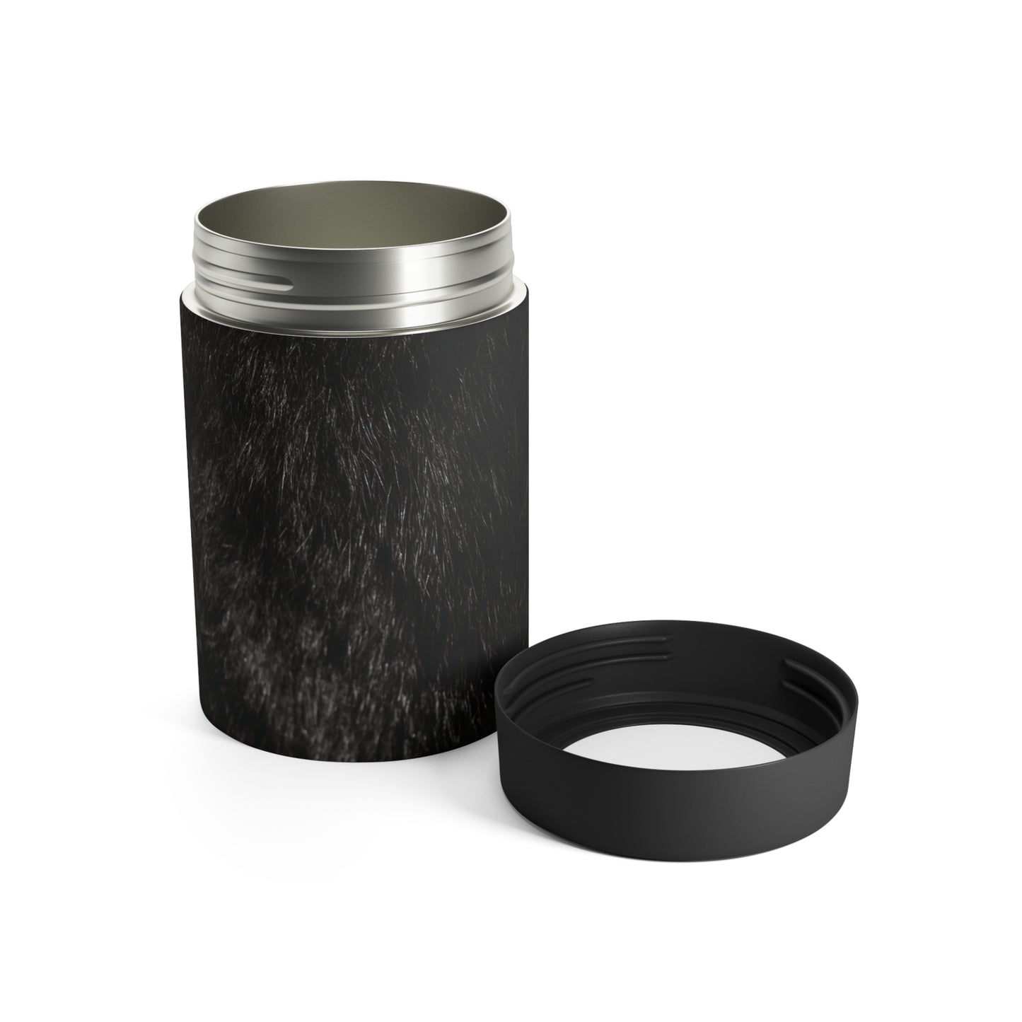 Printed Black Fur Can Holder – Matte Stainless with Faux Fur Look