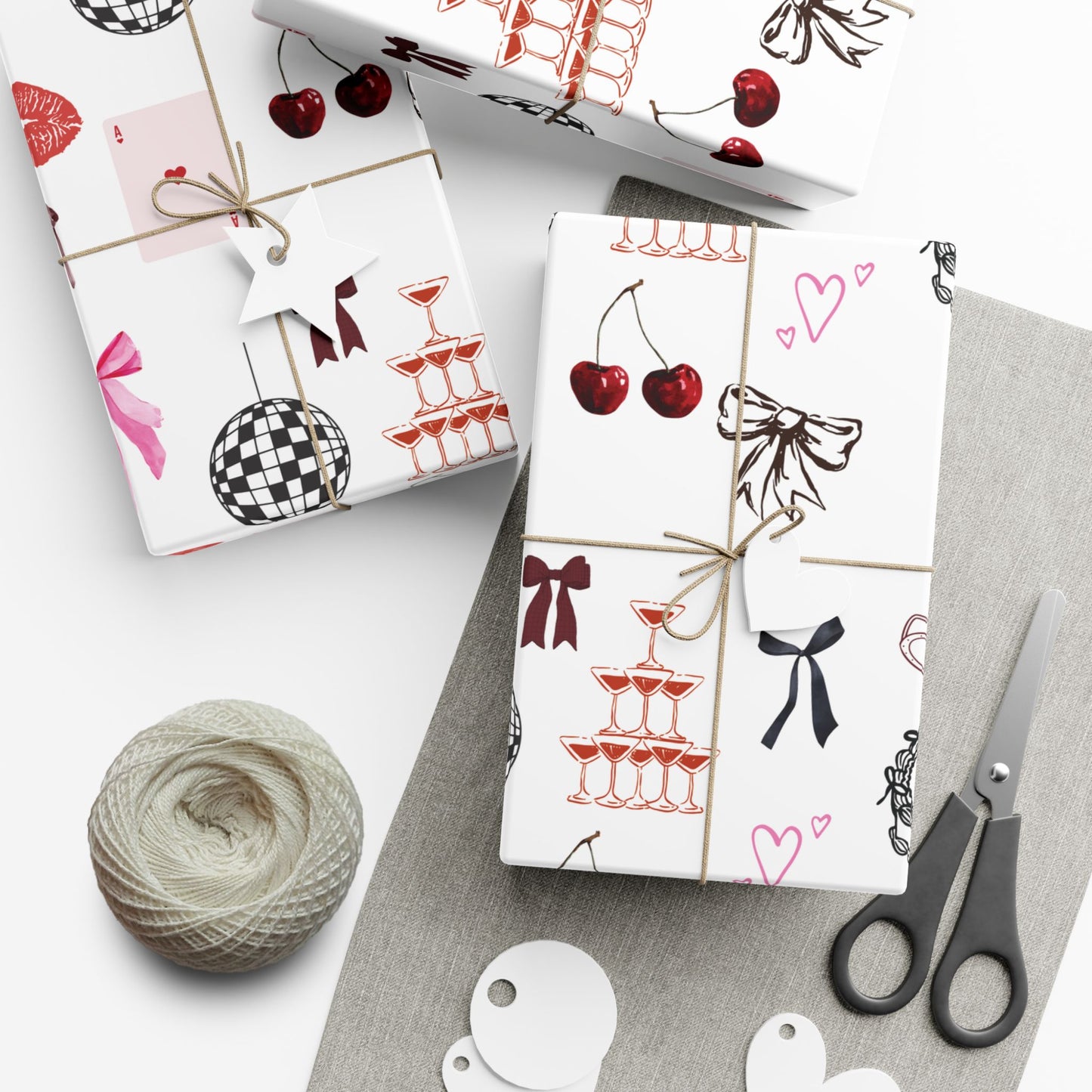 Edge of Romance Wrapping Paper | White Background Gift Wrap with Chic Sticker-Inspired Design
