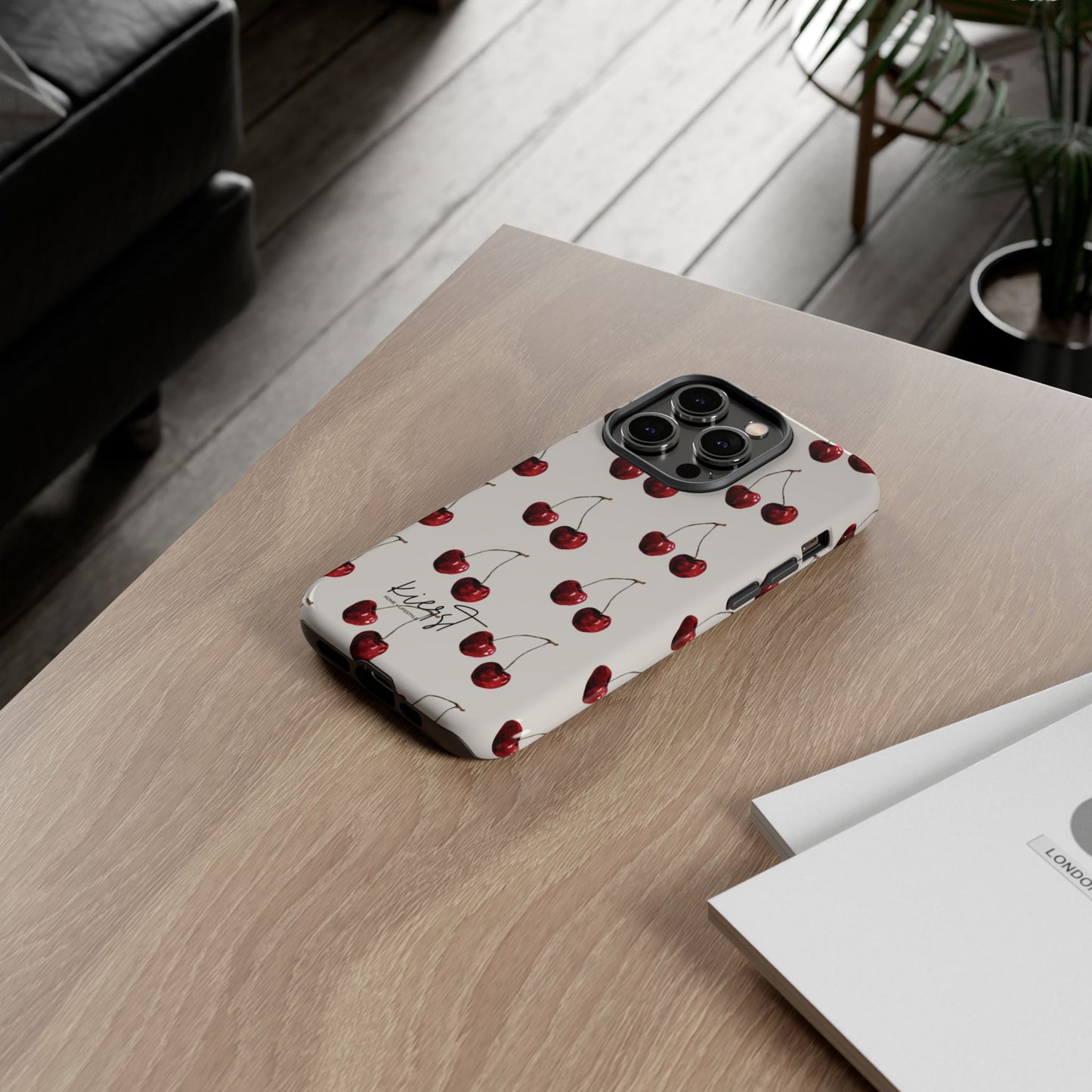 Moody Cherry Stems on White Bone iPhone Case | Timeless Contrast With A Twist of Charm
