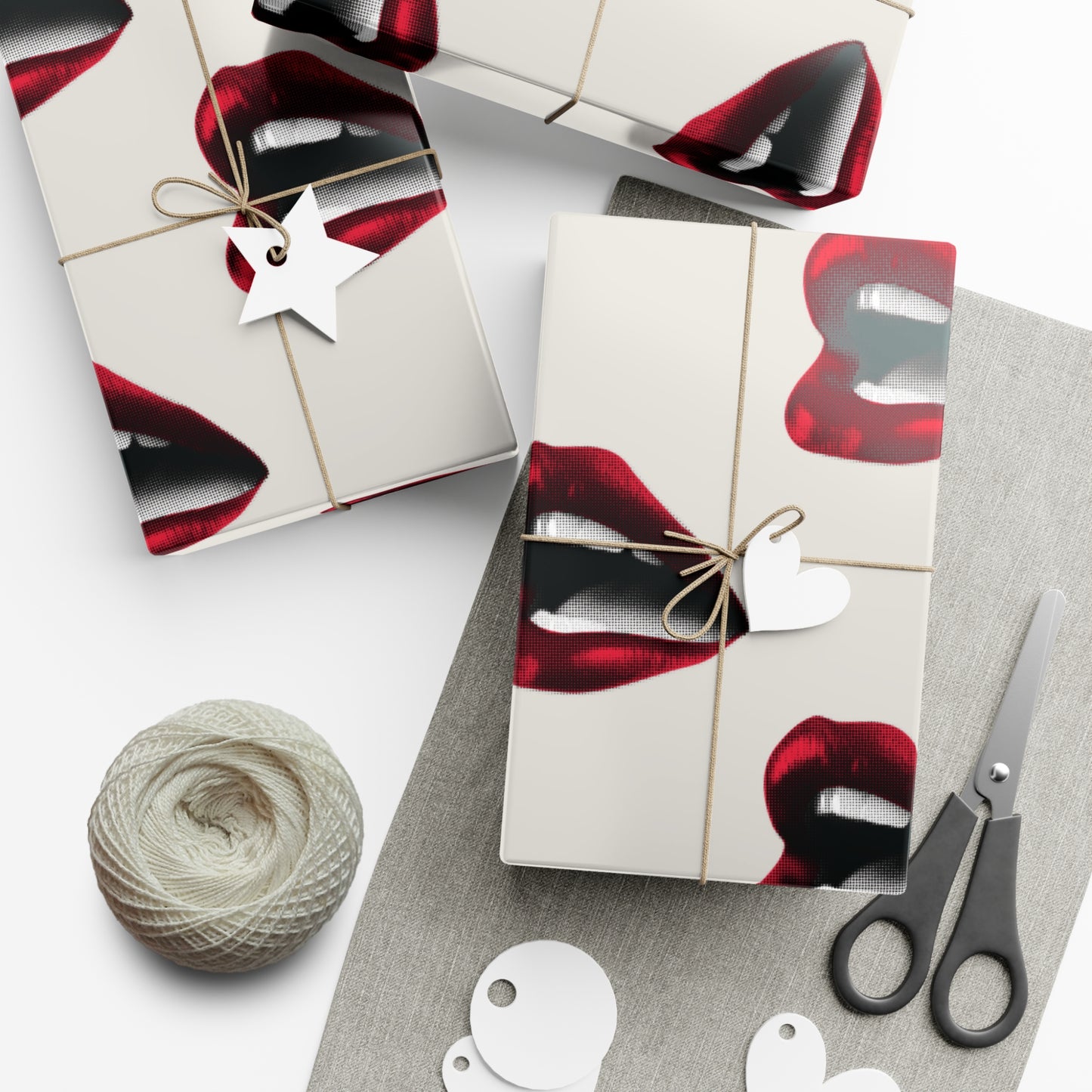 Vintage Red Lips Gift Wrapping Paper – Glossy Pop Art Mouths on Bone Color