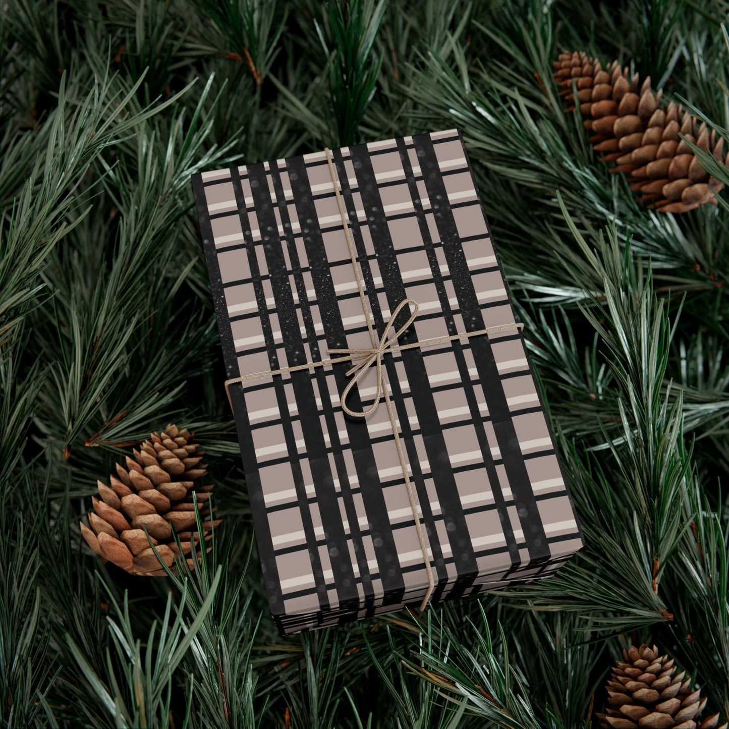 Modern Plaid Gift Wrapping Paper – Taupe, Black & Subtle Glitter Print