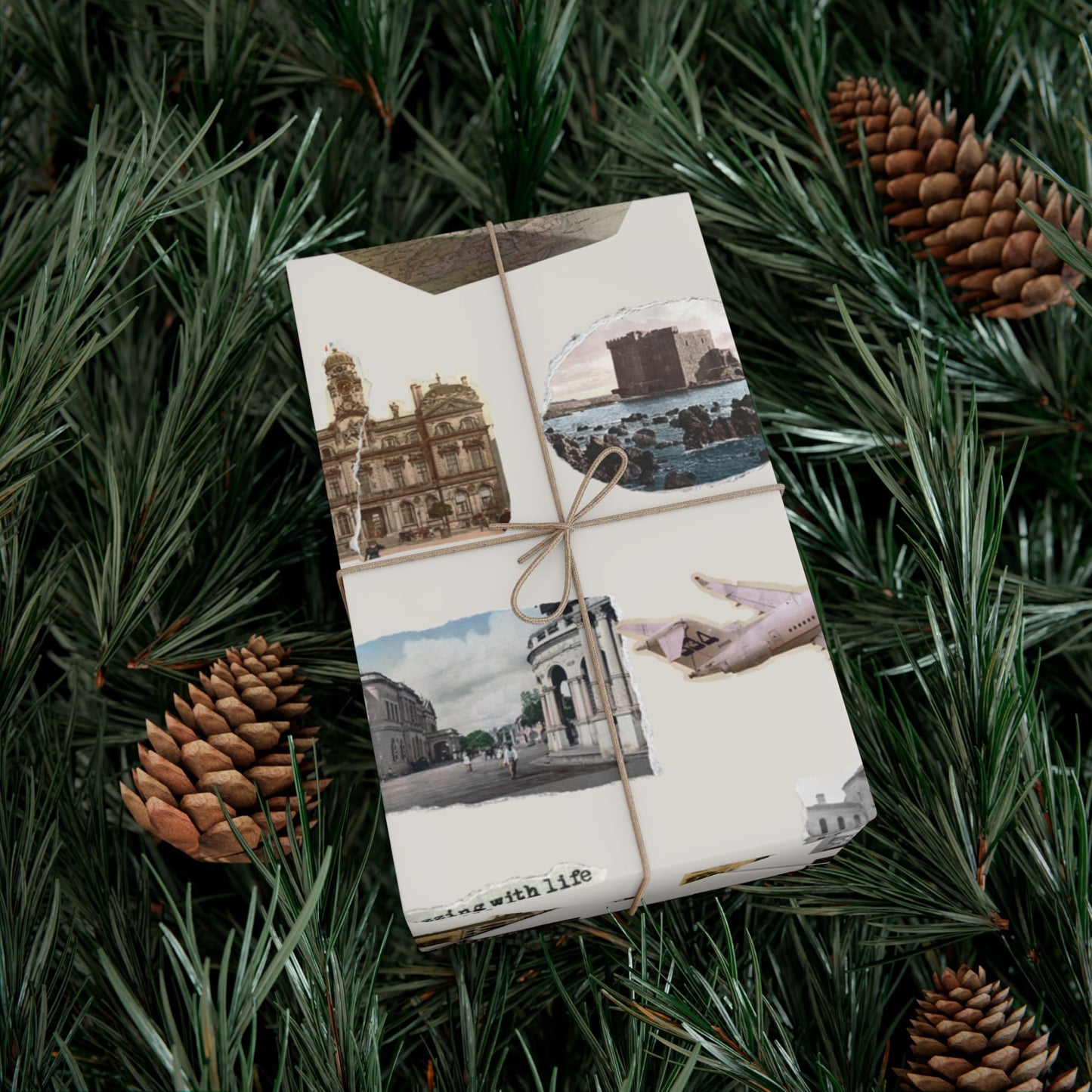 Stamped in Time Gift Wrapping Paper – Vintage Architecture & Travel Collage on Bone