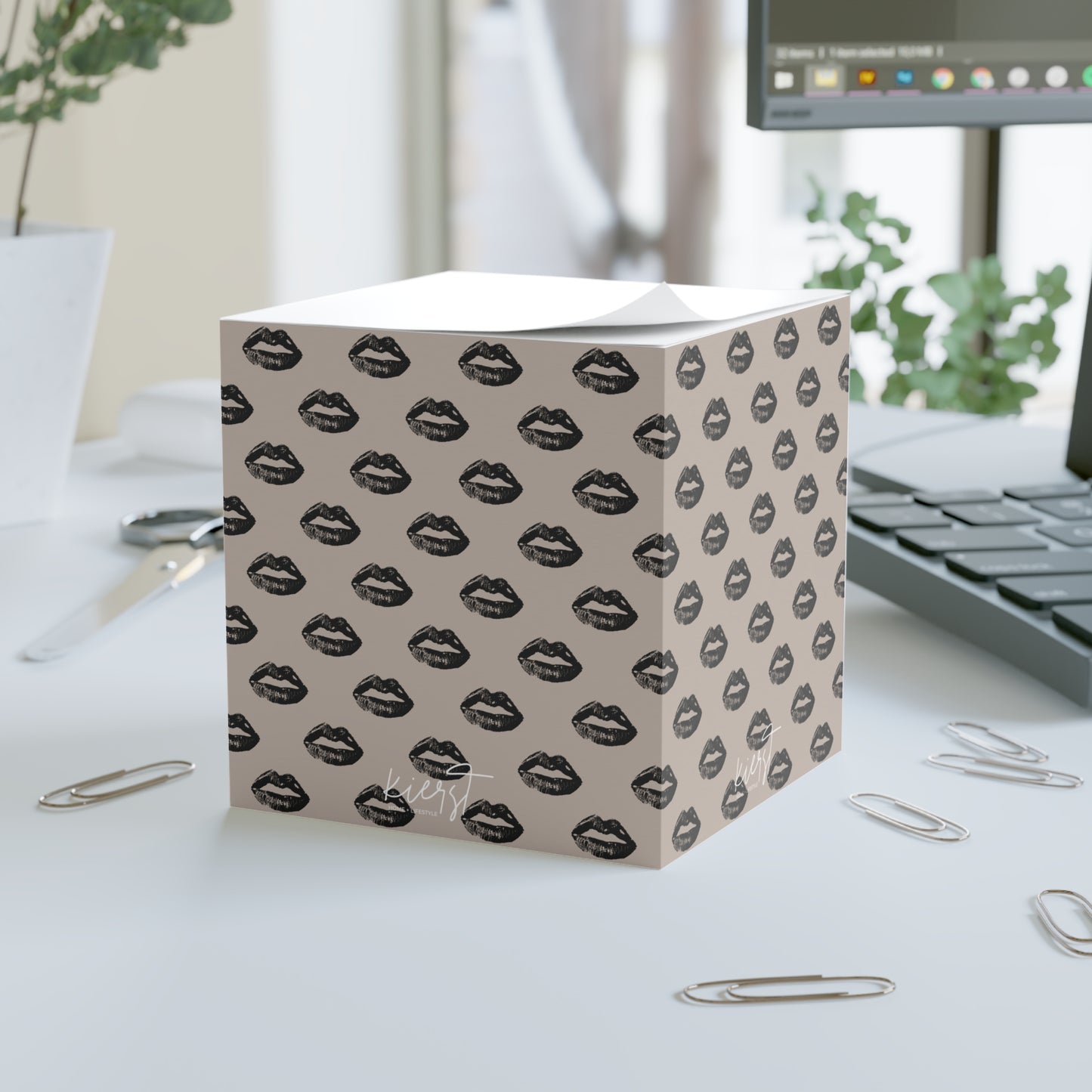 Black Lips on Oat Sticky Note Cube | Soft Neutral Desk Accent