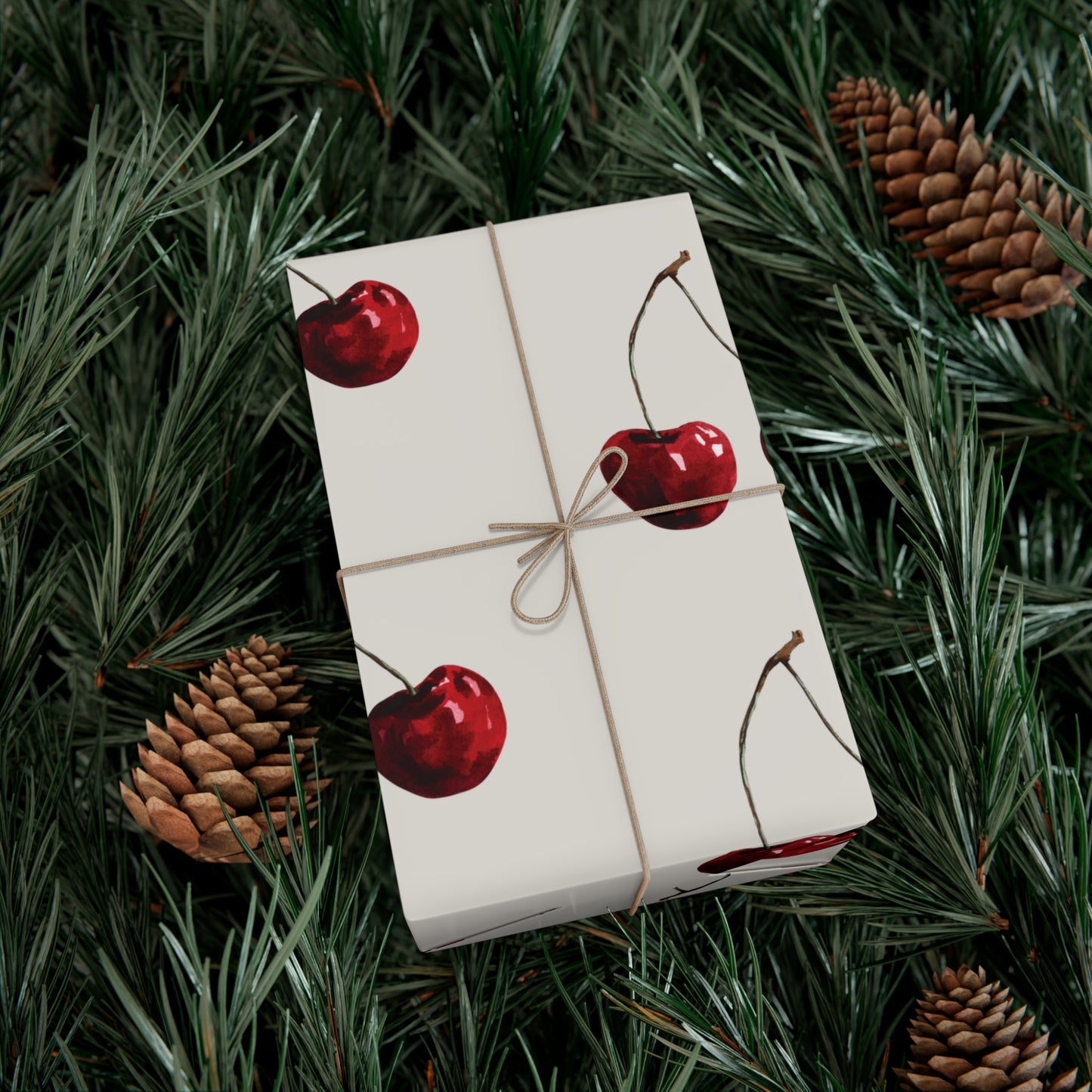 Moody Cherry Stem Gift Wrapping Paper – Glossy Red Fruit on Bone Color