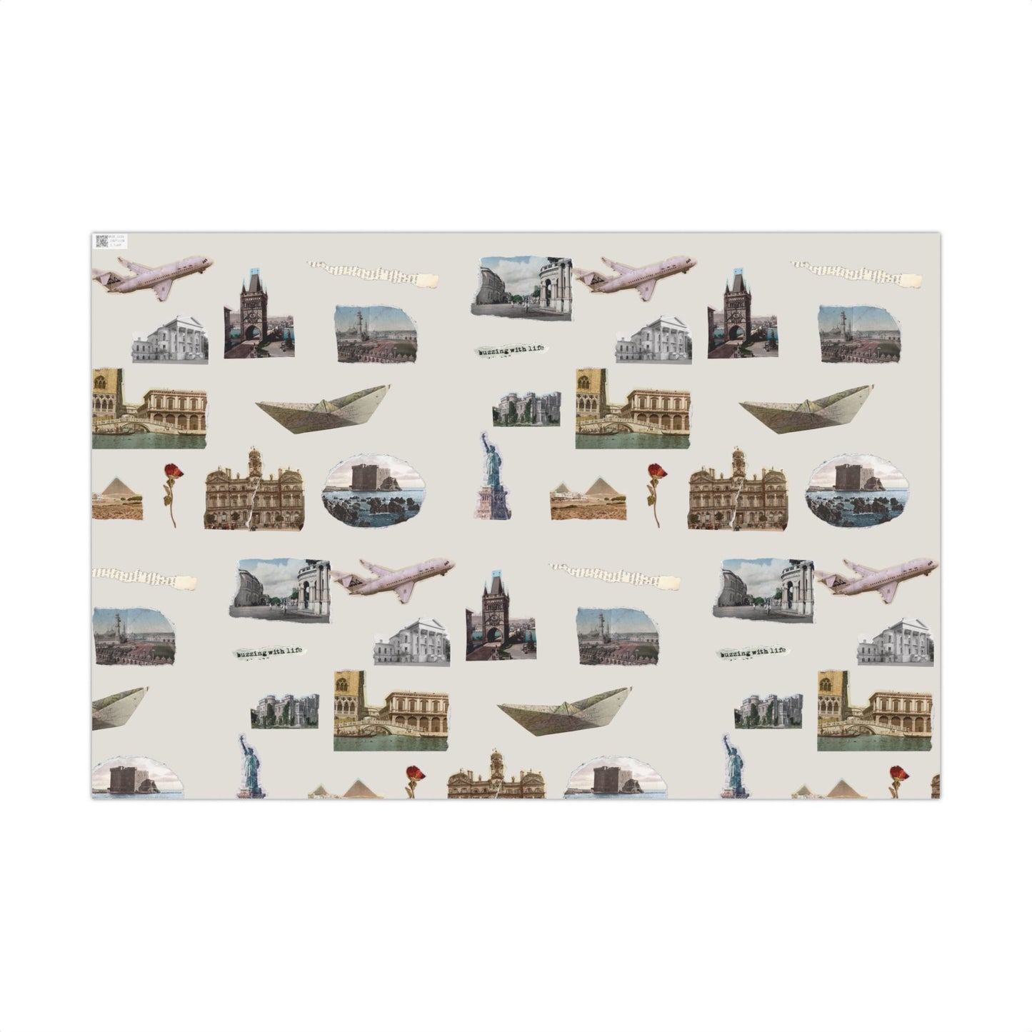 Stamped in Time Gift Wrapping Paper – Vintage Architecture & Travel Collage on Bone
