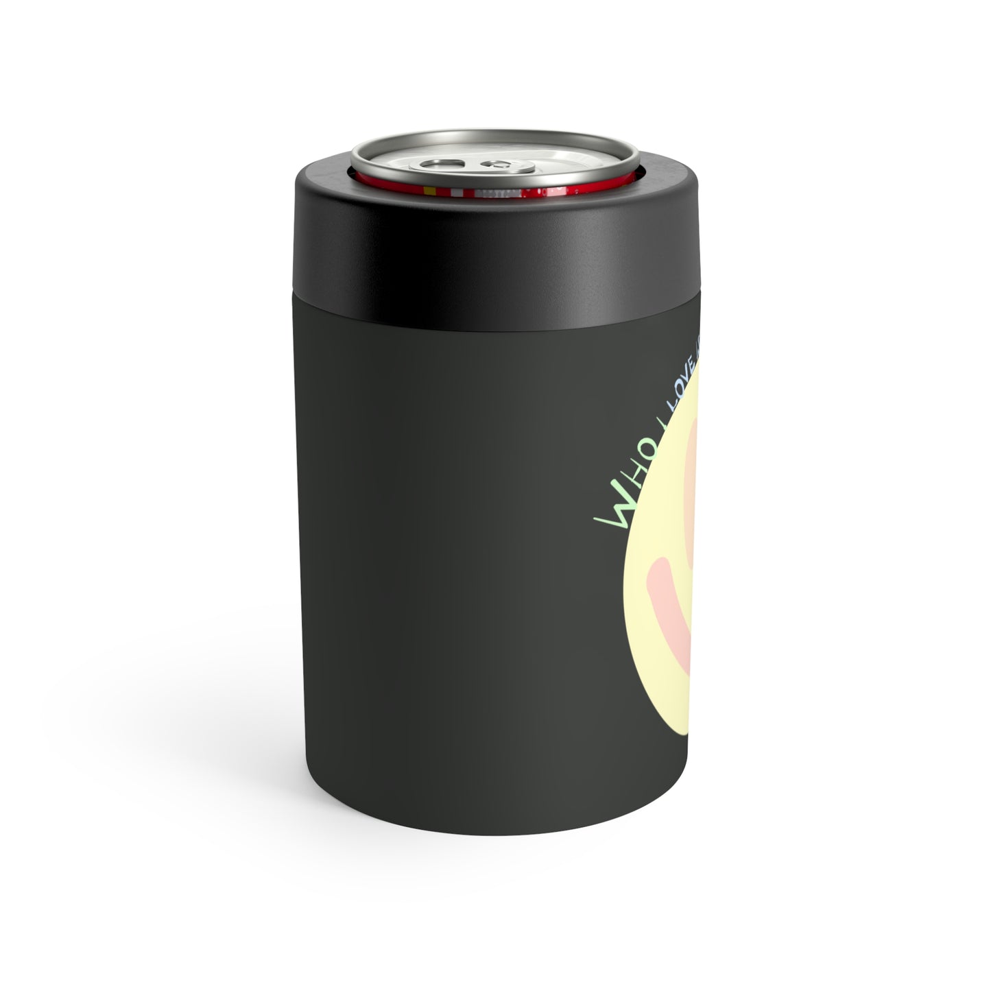 Who I Love Can Holder – Black with Pastel Smiley & Pride Message
