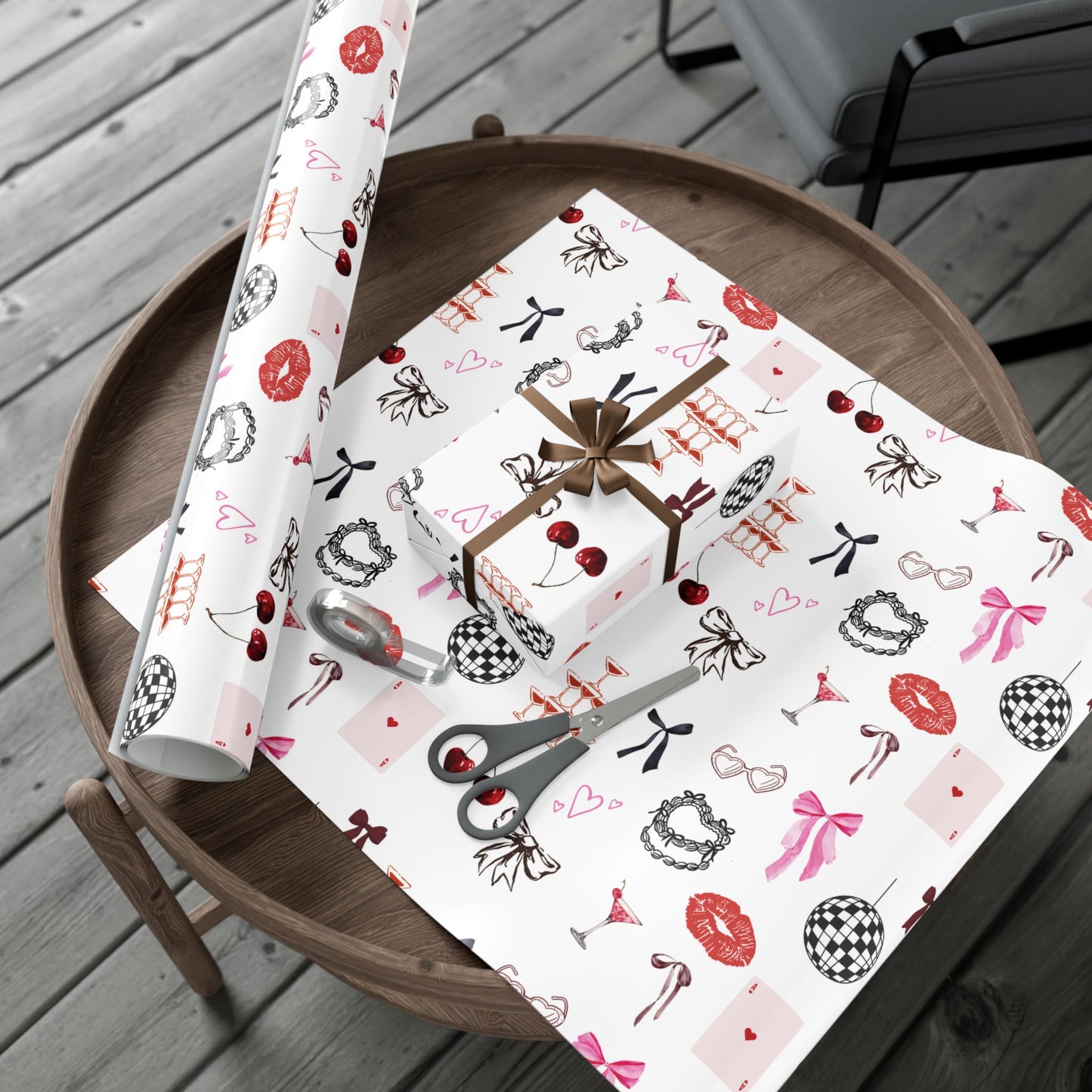 Edge of Romance Wrapping Paper | White Background Gift Wrap with Chic Sticker-Inspired Design