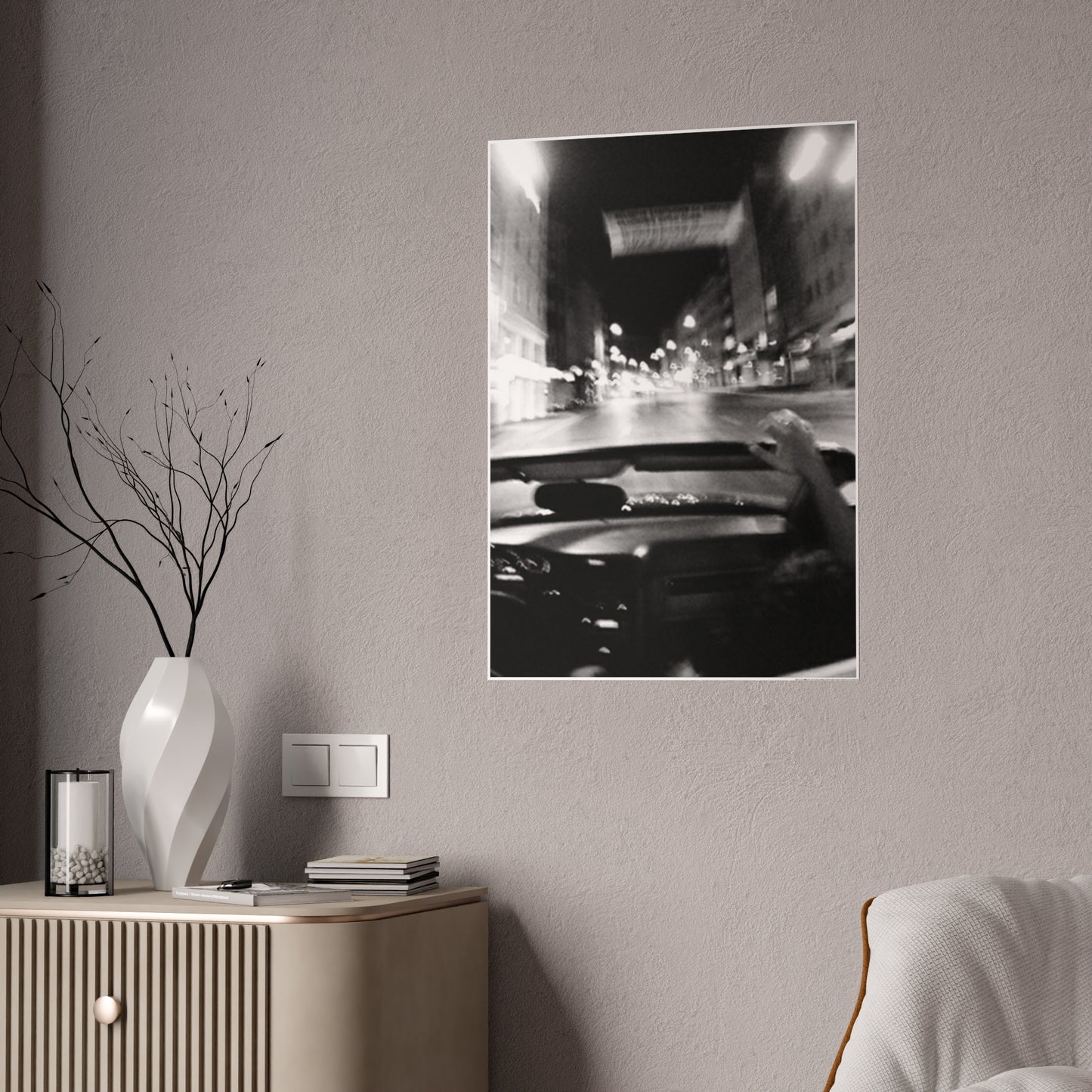 Blurry City Drive B+W Gloss Poster | Vintage Editorial Night Photography Wall Art