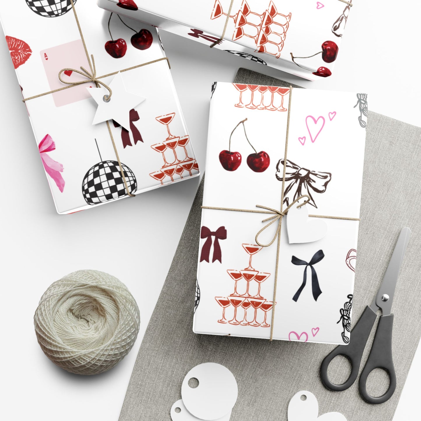Edge of Romance Wrapping Paper | White Background Gift Wrap with Chic Sticker-Inspired Design