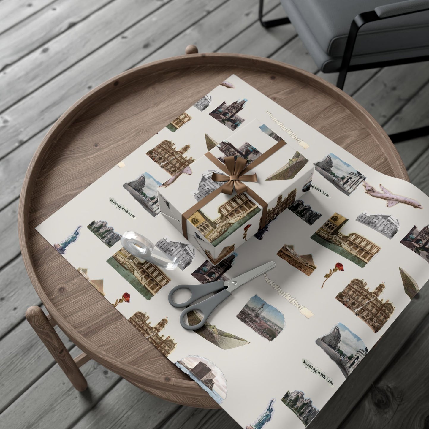 Stamped in Time Gift Wrapping Paper – Vintage Architecture & Travel Collage on Bone